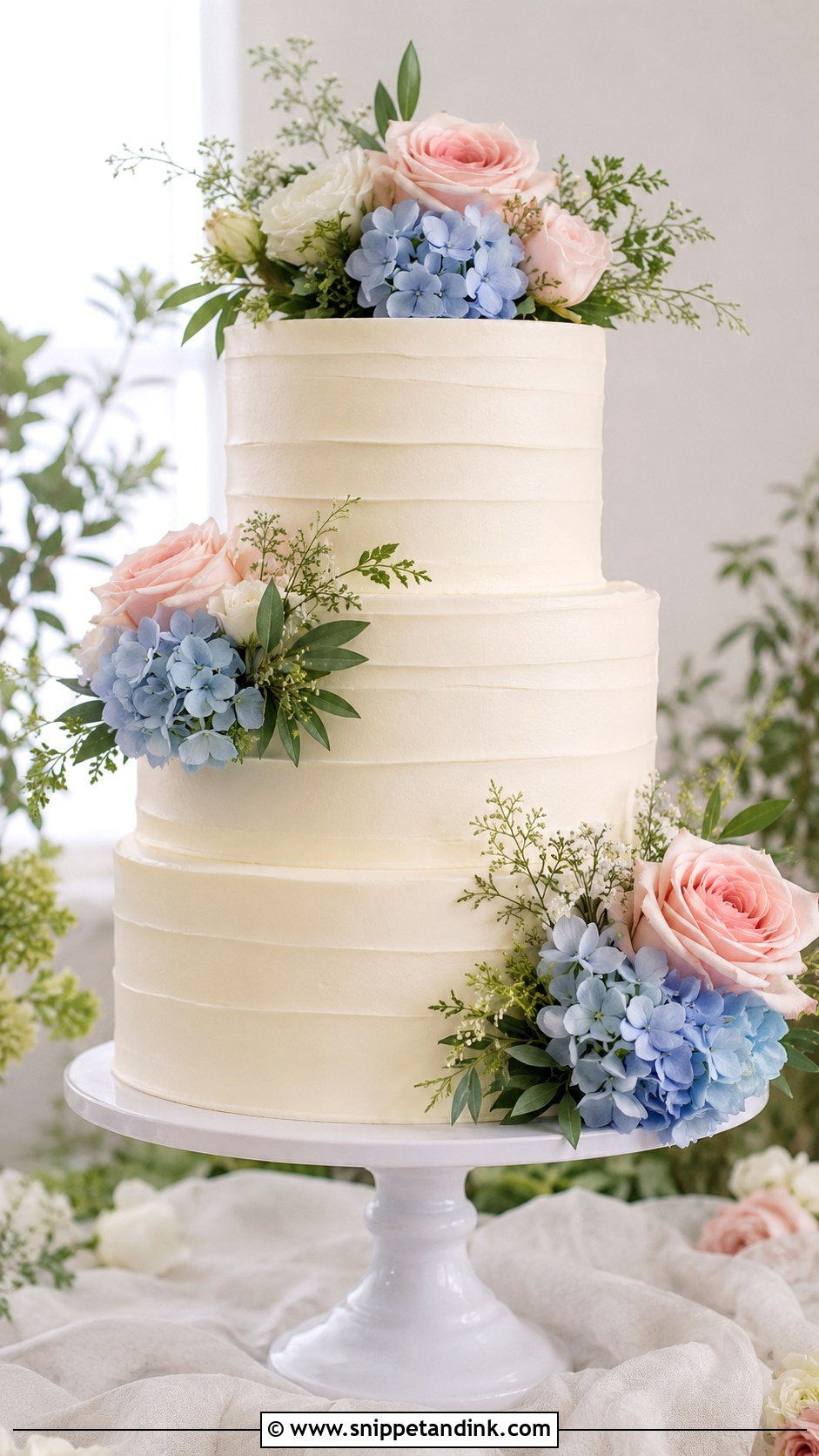 Blush And Blue Wedding Cake With Fresh Flowers - Snippet and Ink - 25 Blush and Blue Wedding Cake Ideas
