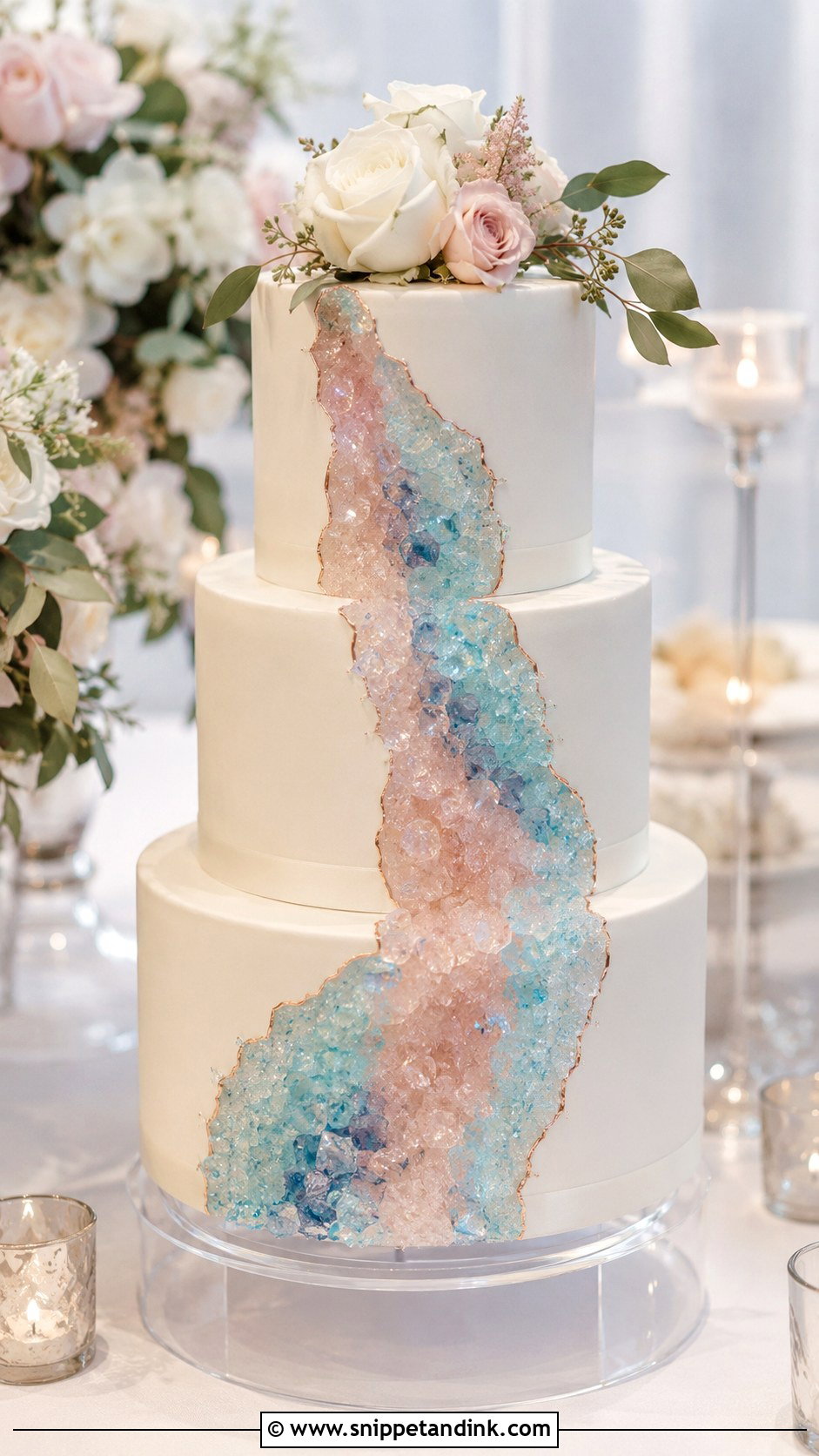 Blush And Blue Wedding Cake With Geode - Snippet and Ink - 25 Blush and Blue Wedding Cake Ideas