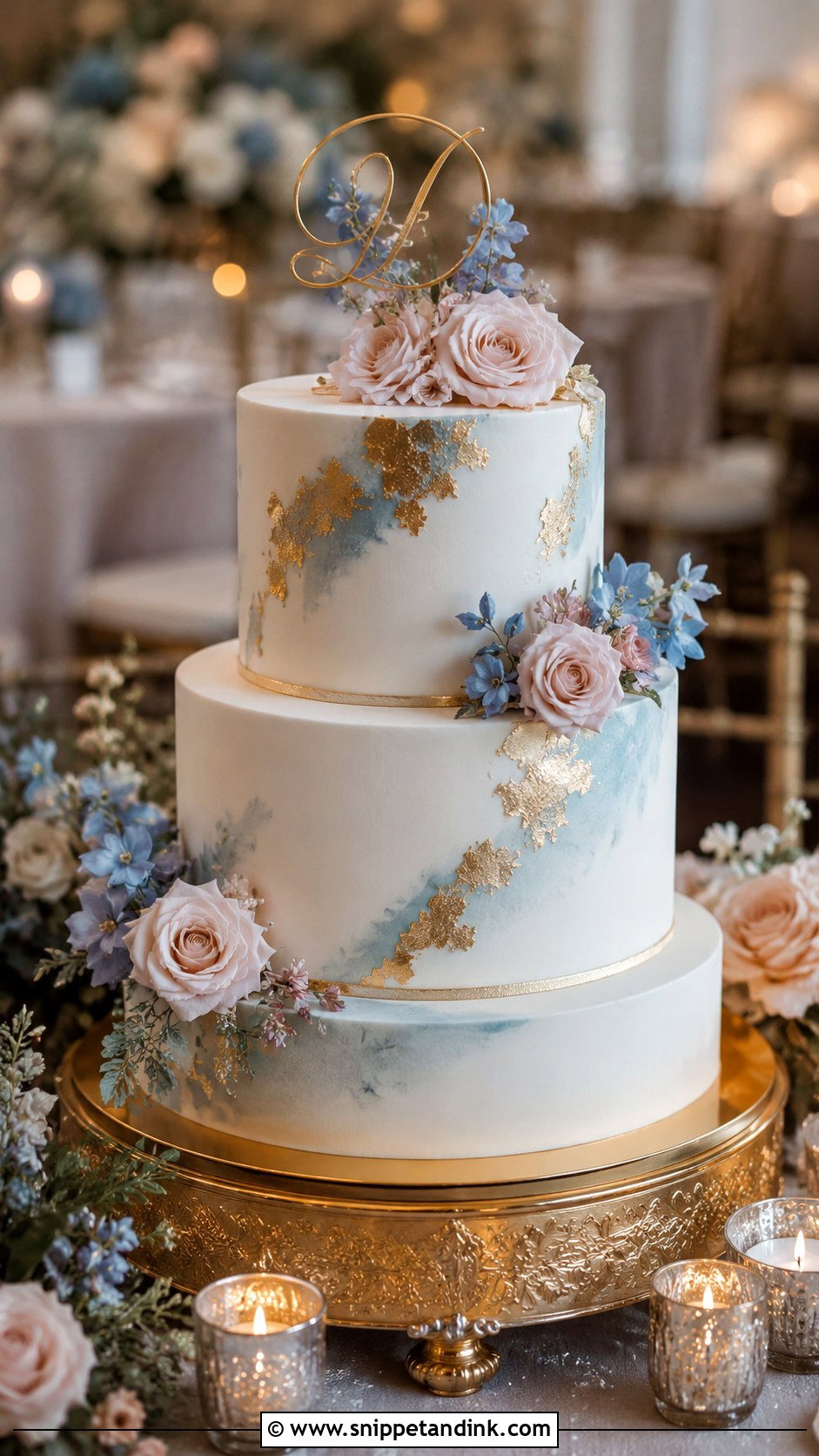Blush And Blue Wedding Cake With Gold - Snippet and Ink - 25 Blush and Blue Wedding Cake Ideas