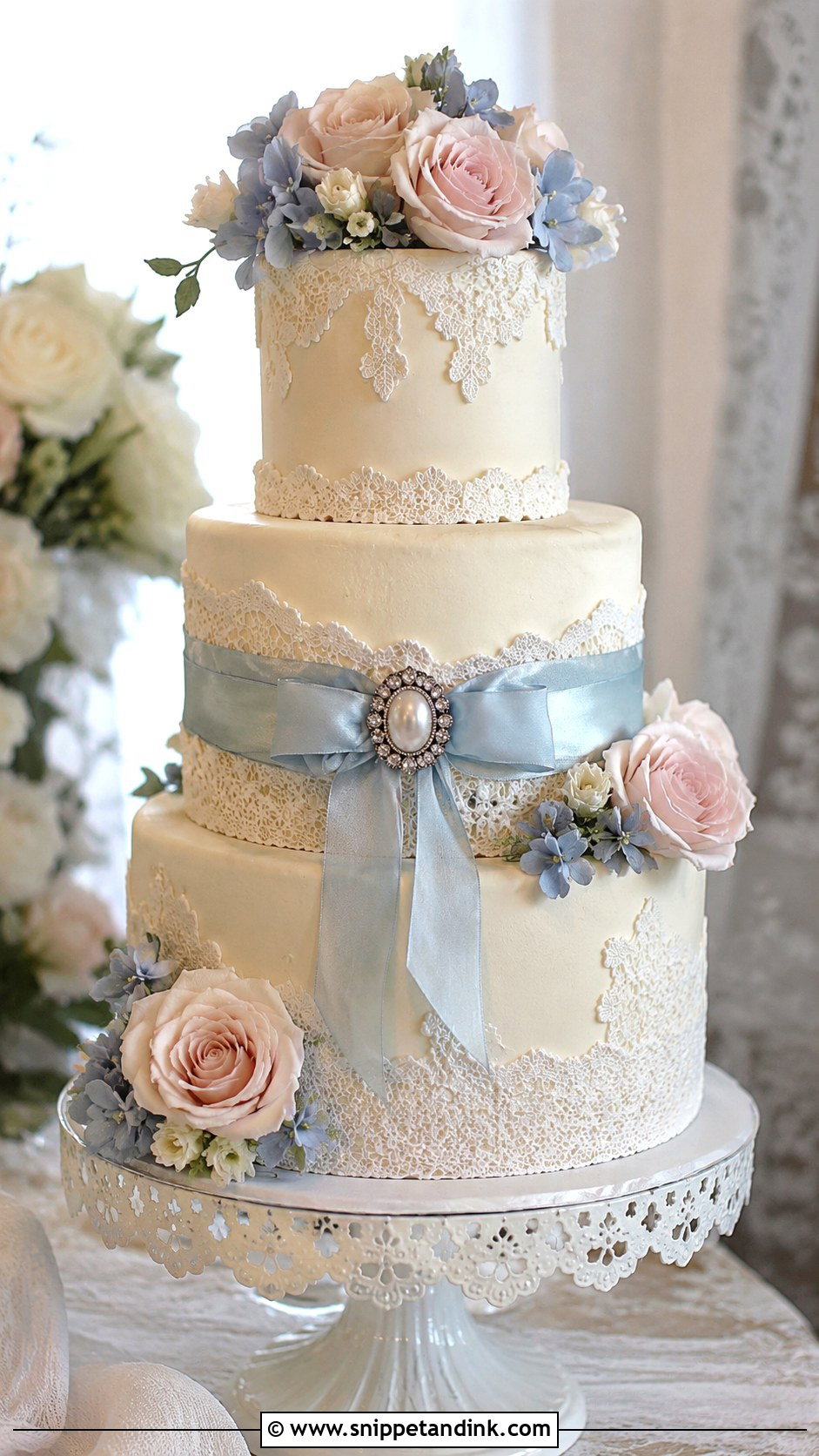 Blush And Blue Wedding Cake With Lace - Snippet and Ink - 25 Blush and Blue Wedding Cake Ideas