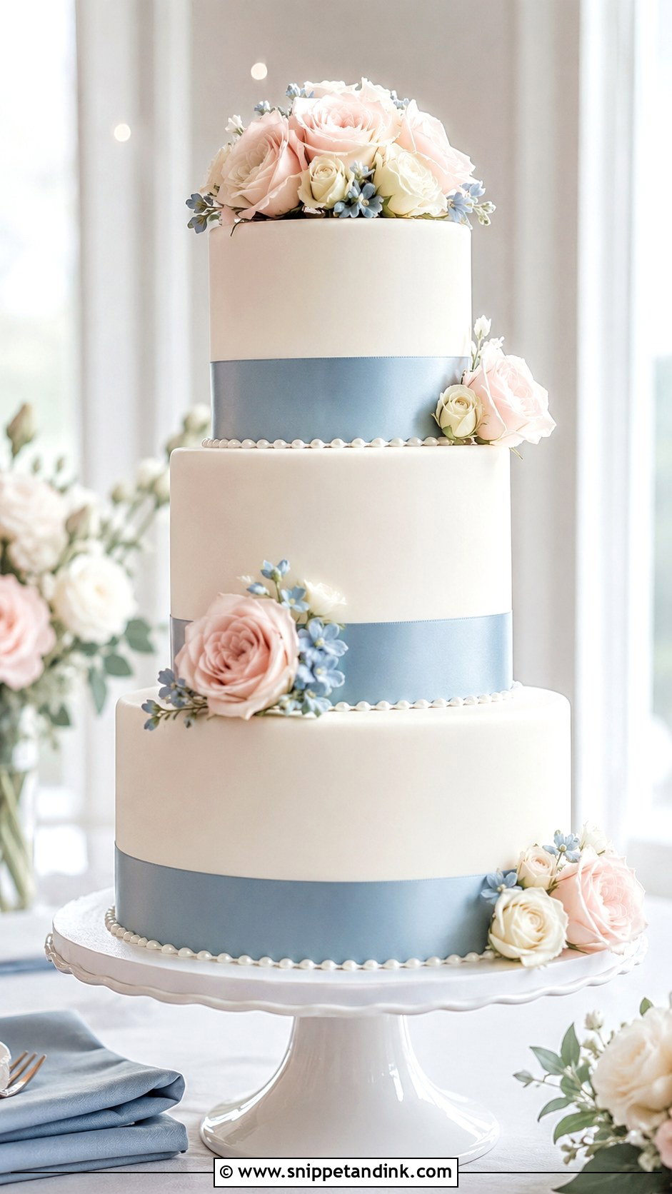 Blush And Blue Wedding Cake With Macarons - Snippet and Ink - 25 Blush and Blue Wedding Cake Ideas