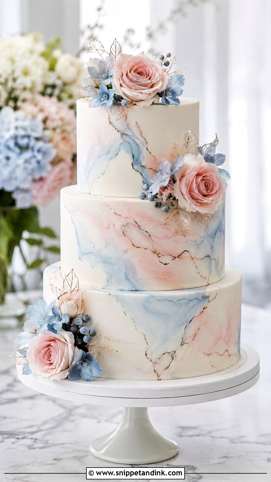 Blush And Blue Wedding Cake With Marble - Snippet and Ink - 25 Blush and Blue Wedding Cake Ideas