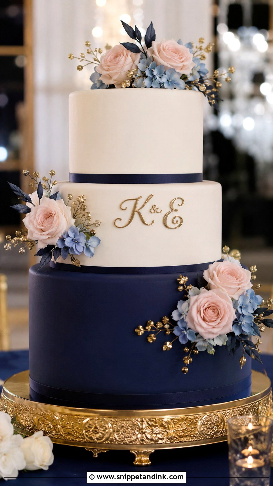 Blush And Blue Wedding Cake With Navy Accents - Snippet and Ink - 25 Blush and Blue Wedding Cake Ideas
