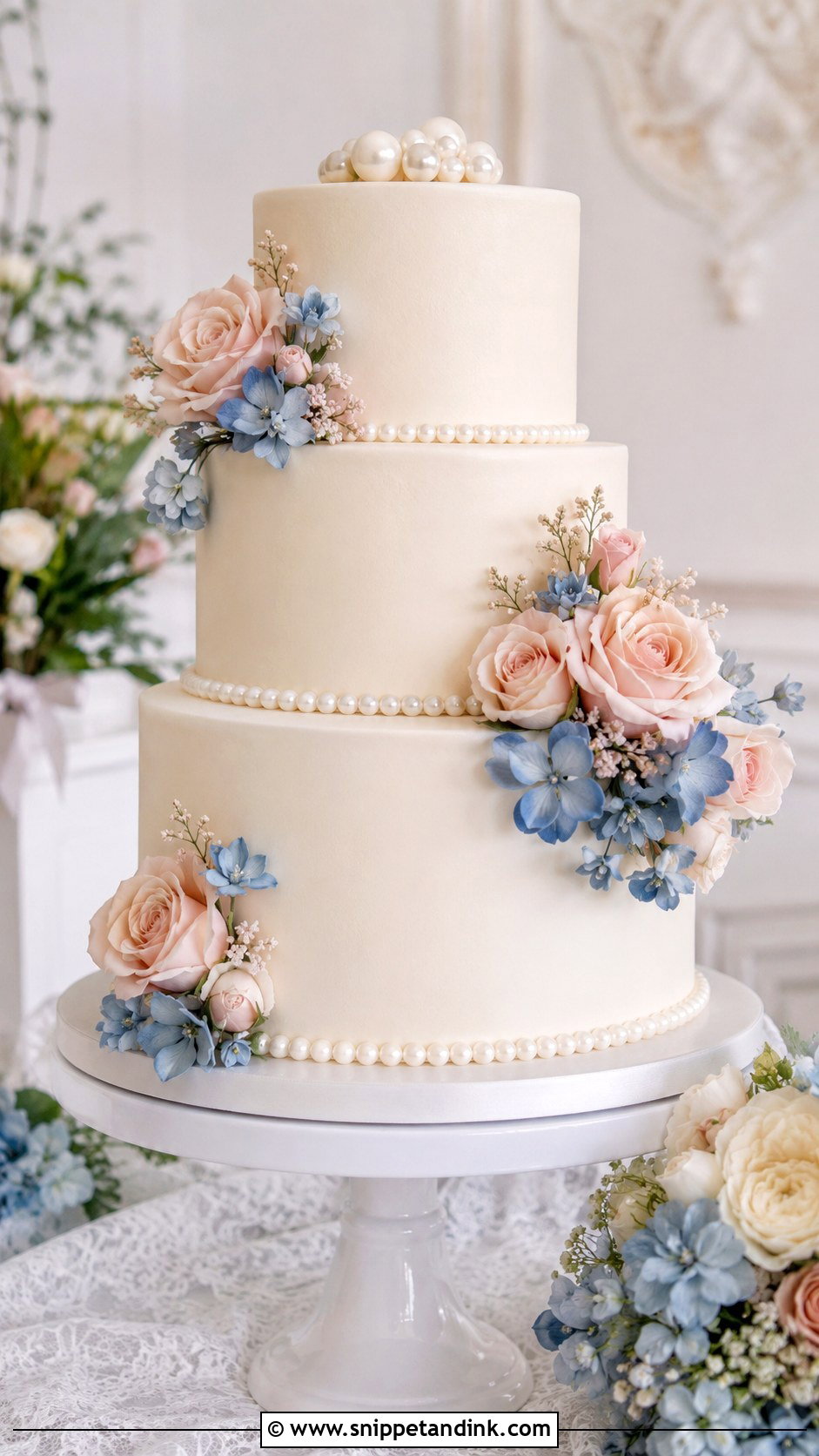 Blush And Blue Wedding Cake With Pearls - Snippet and Ink - 25 Blush and Blue Wedding Cake Ideas