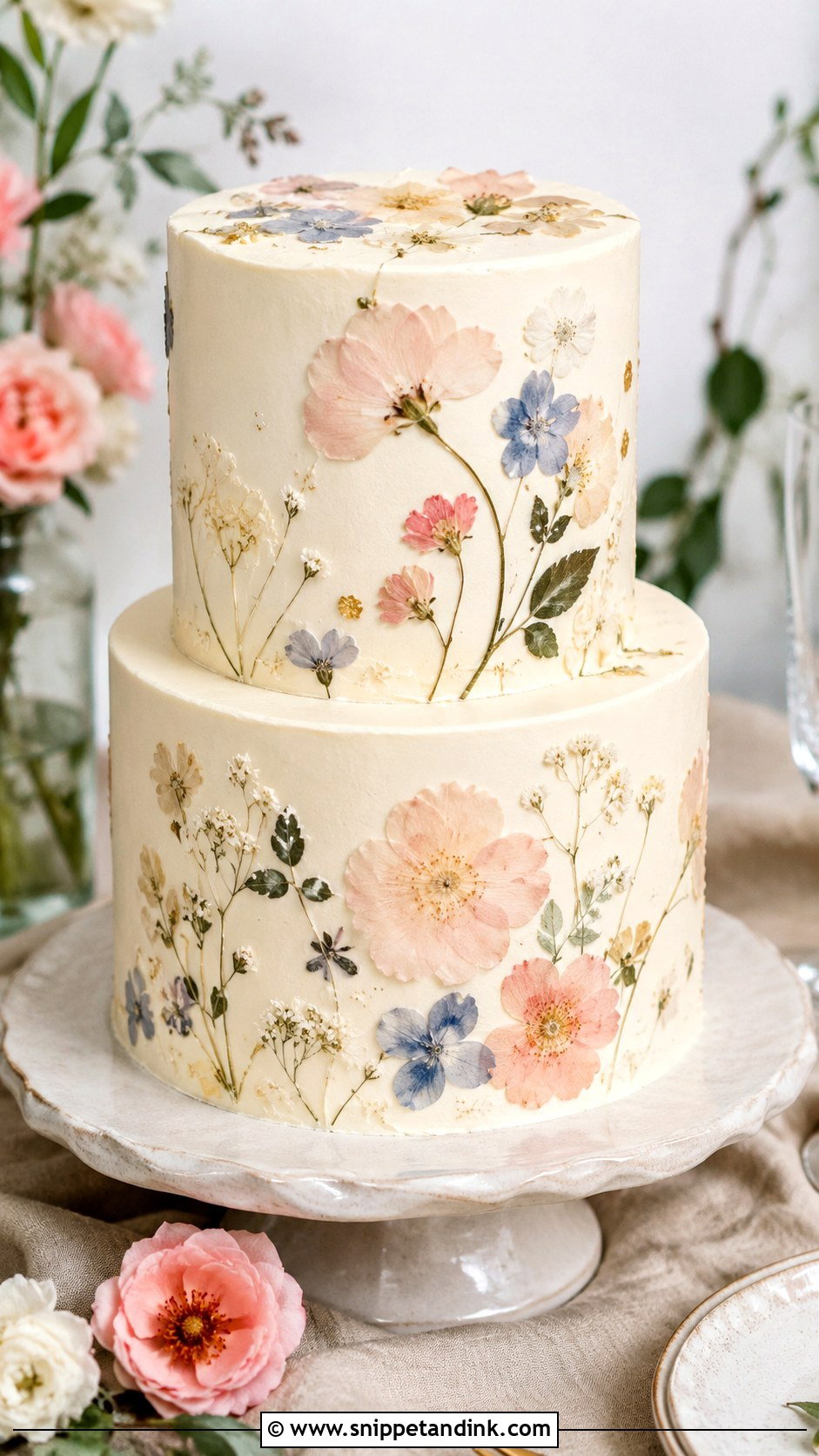 Blush And Blue Wedding Cake With Pressed Flowers - Snippet and Ink - 25 Blush and Blue Wedding Cake Ideas