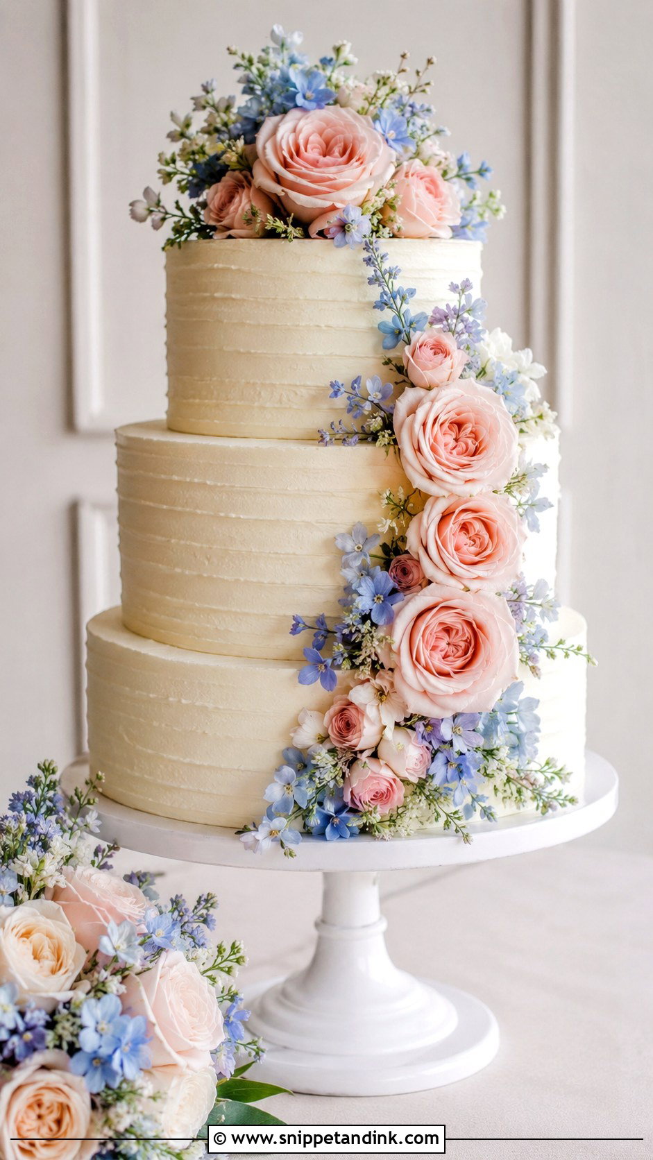 Blush And Blue Wedding Cake With Roses - Snippet and Ink - 25 Blush and Blue Wedding Cake Ideas