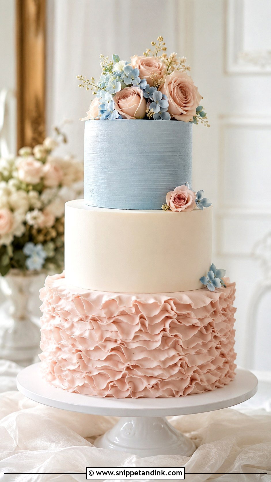 Blush And Blue Wedding Cake With Ruffles - Snippet and Ink - 25 Blush and Blue Wedding Cake Ideas