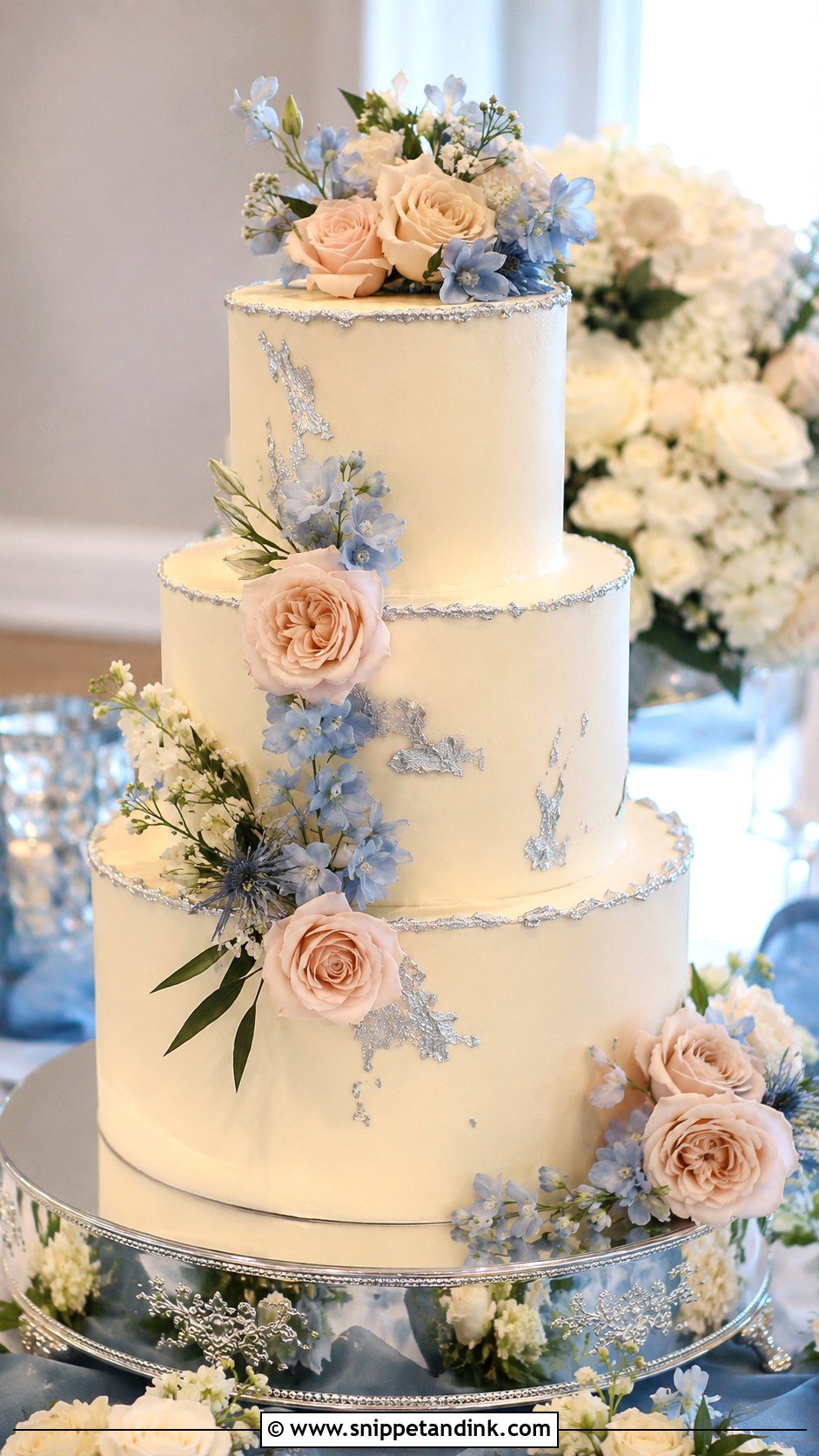Blush And Blue Wedding Cake With Silver - Snippet and Ink - 25 Blush and Blue Wedding Cake Ideas