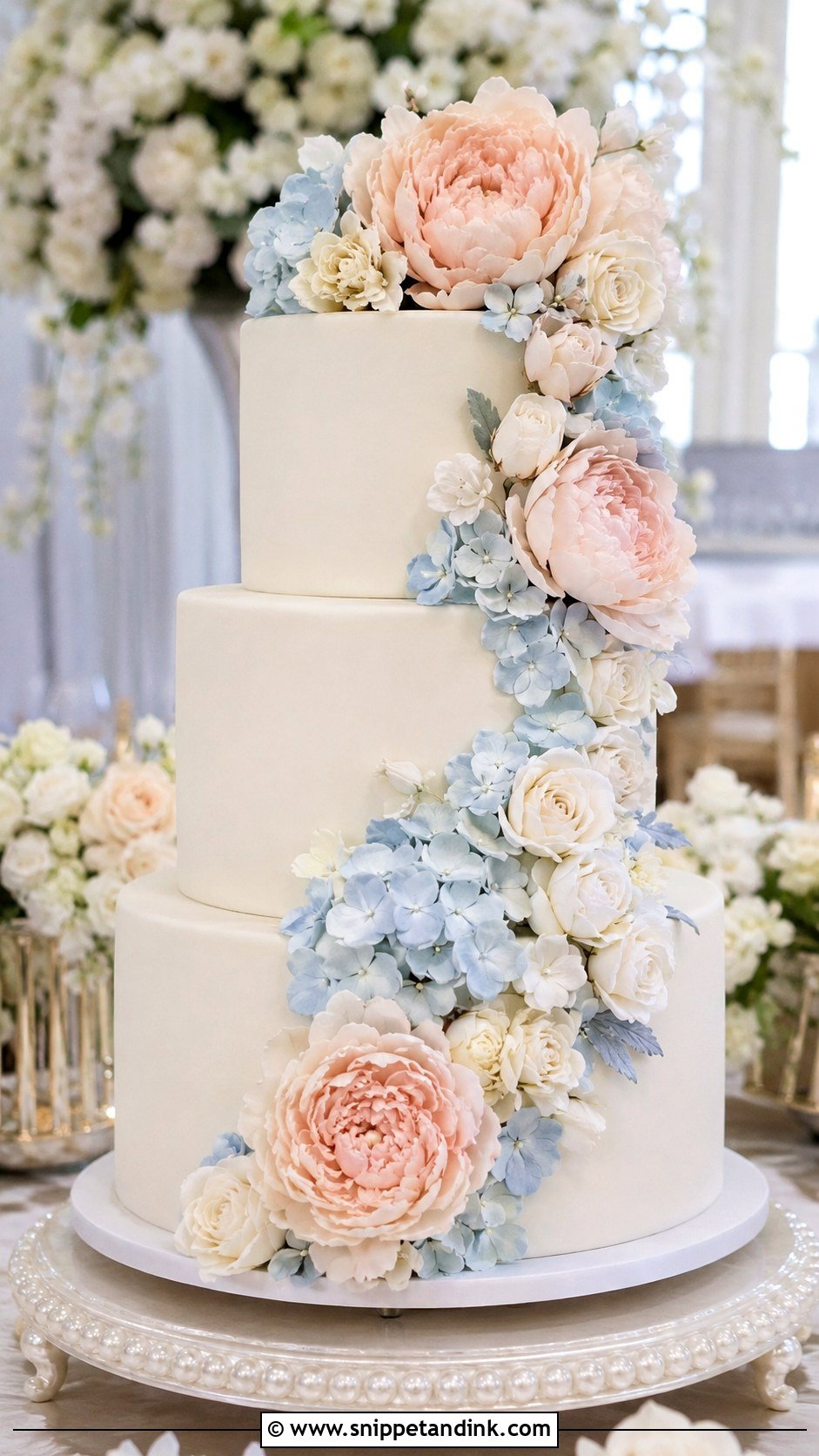 Blush And Blue Wedding Cake With Sugar Flowers - Snippet and Ink - 25 Blush and Blue Wedding Cake Ideas