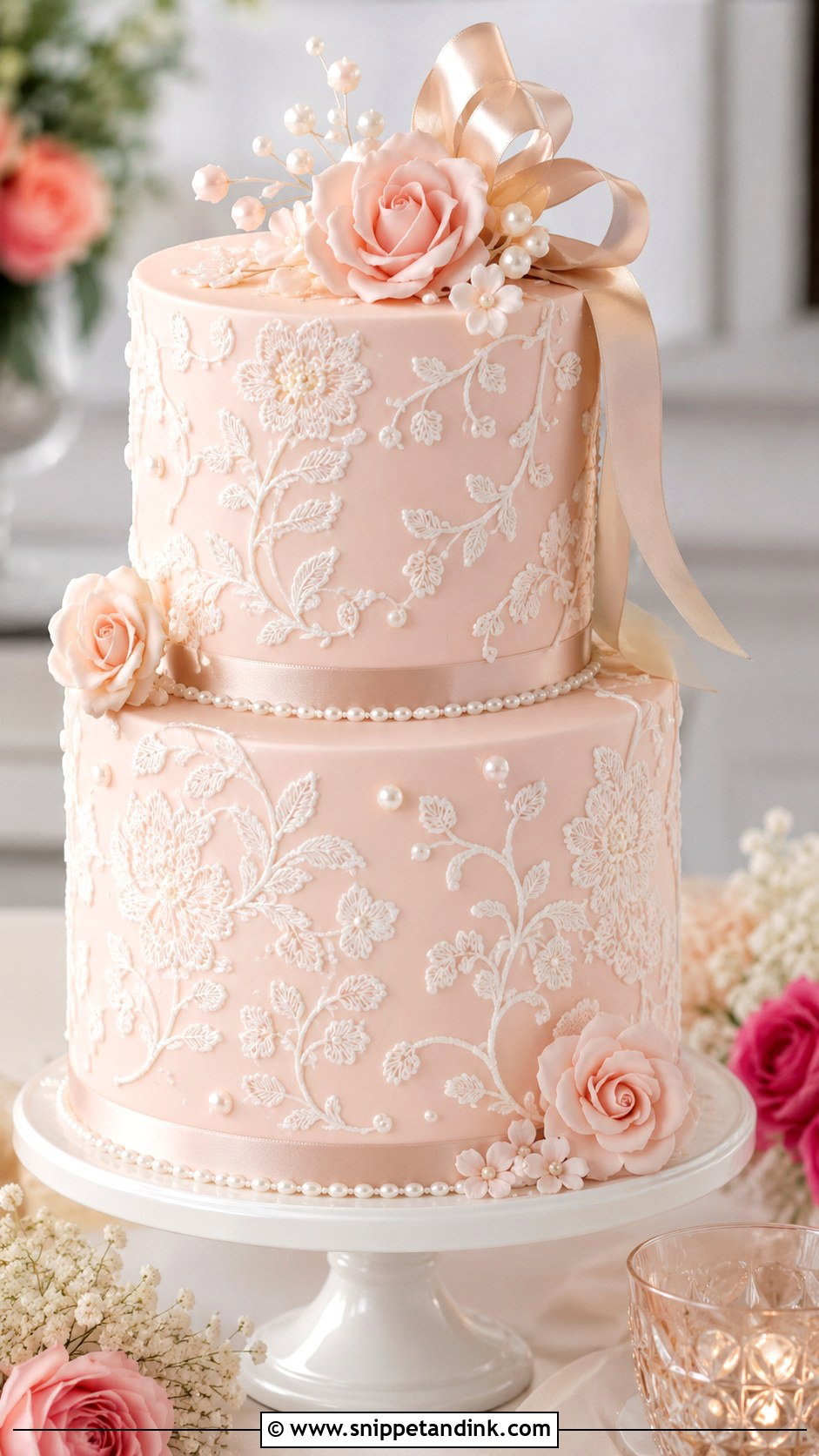 Blush Embroidery Wedding Cake - Snippet and Ink - 20 Embroidery Cake Design Ideas for Wedding