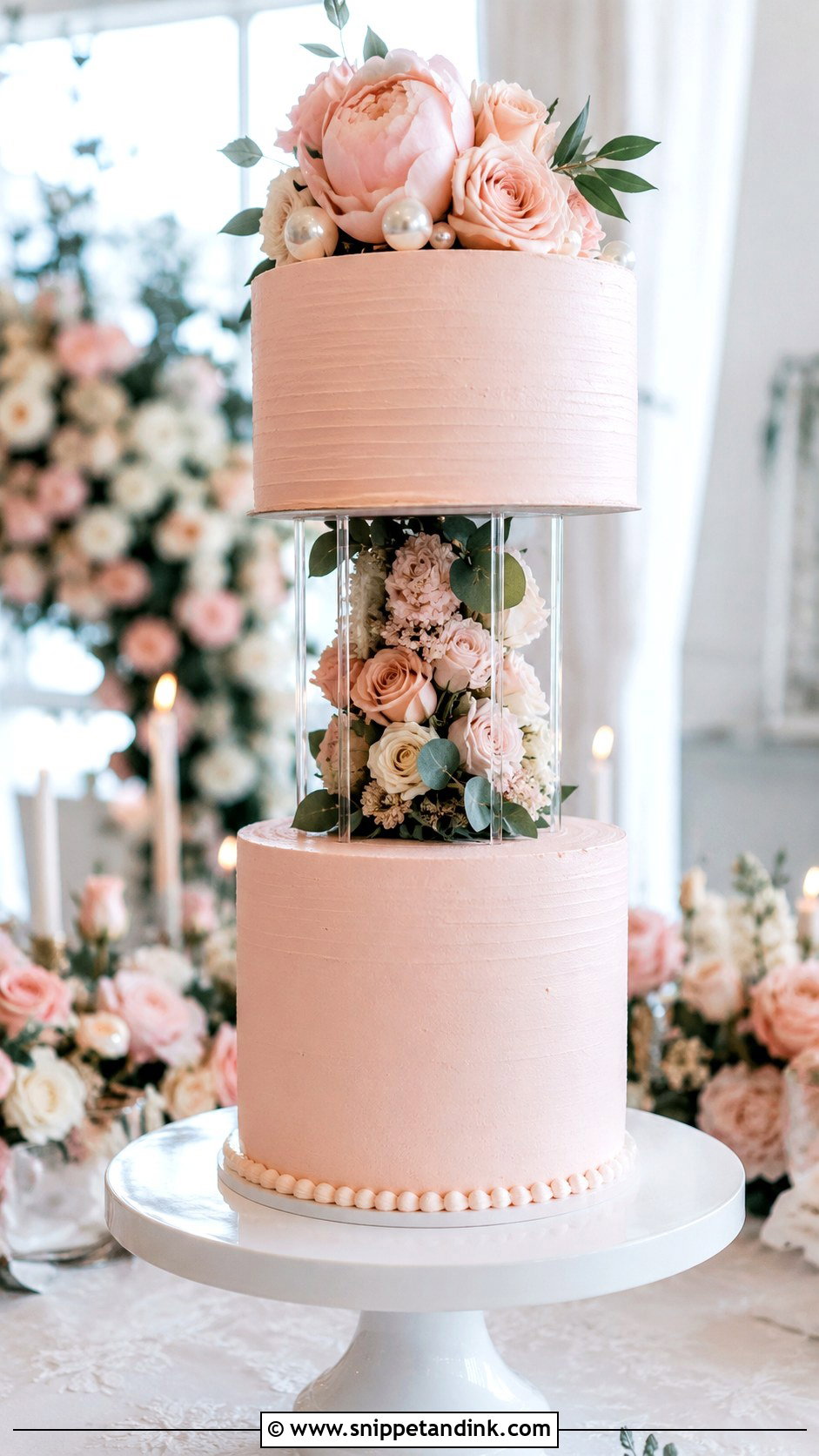 Blush Floating Tier Wedding Cake - Snippet and Ink - 20 Wedding Cake Ideas with Floating Tier