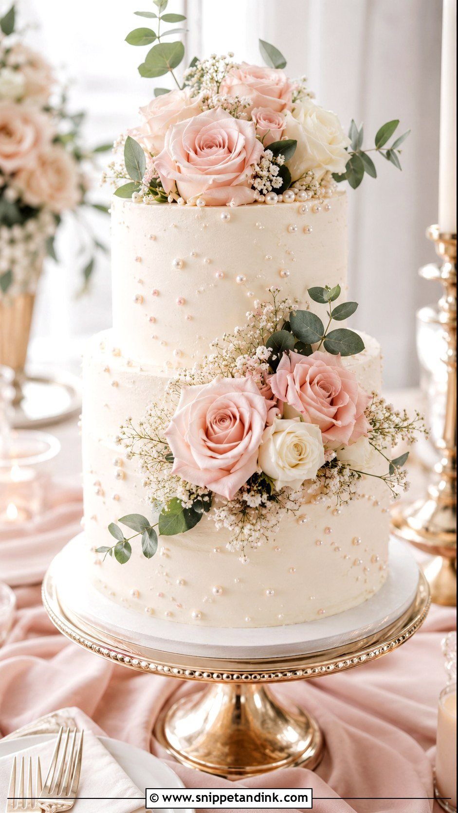 Blush Floral Wedding Cake With Pearls - Snippet and Ink - 30 Wedding Cake Ideas with Flowers and Pearls