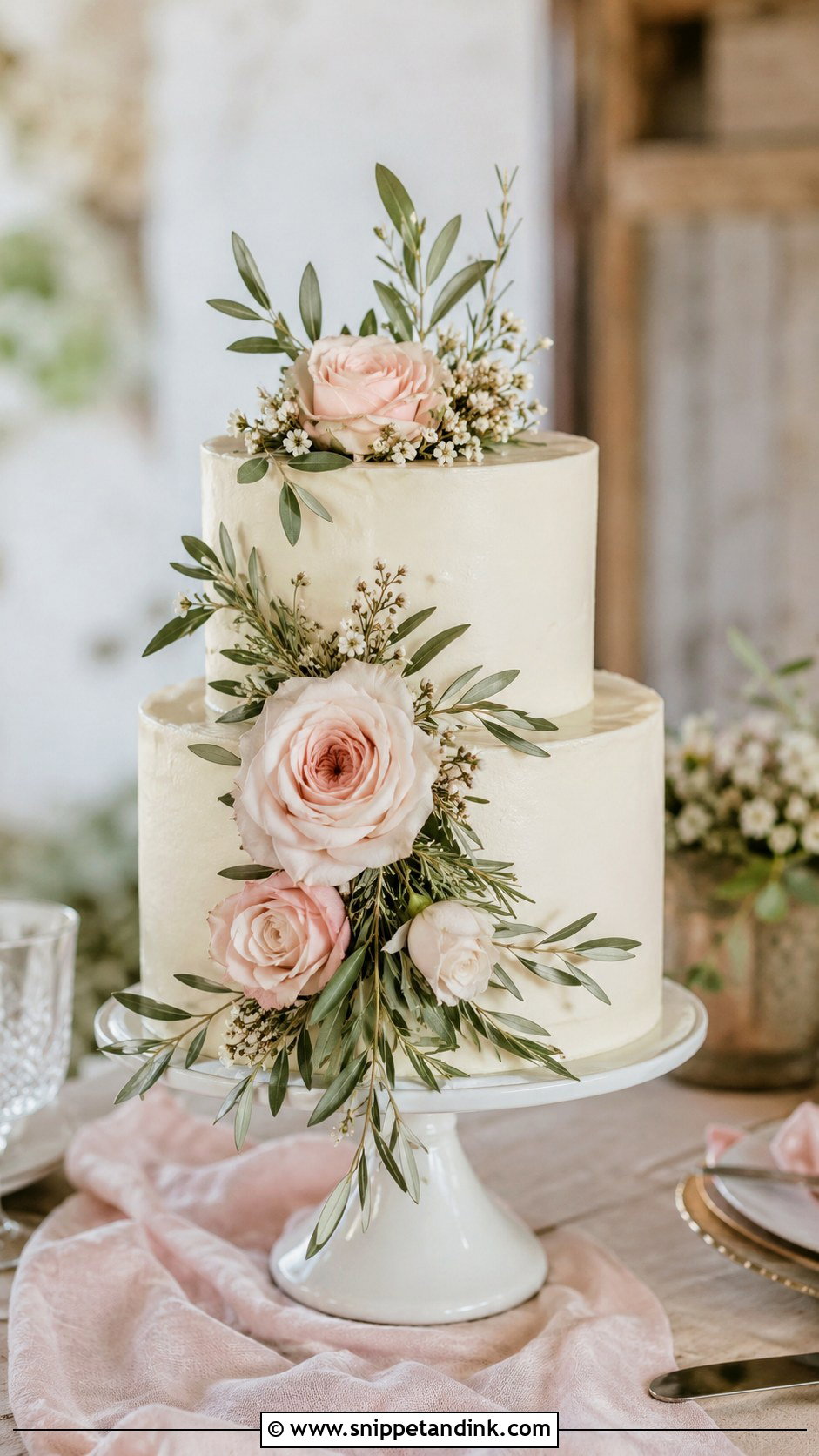 Blush Flower Greenery Wedding Cake - Snippet and Ink - 25 Rustic Greenery Wedding Cake Ideas