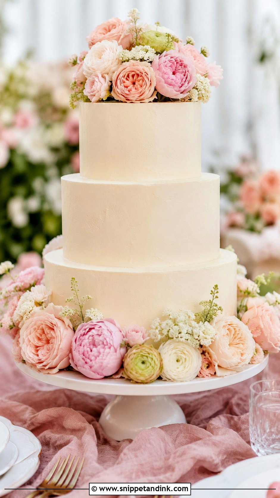Blush Flower Wedding Cake - Snippet and Ink - 20 Flowers Around Cake Ideas for Wedding