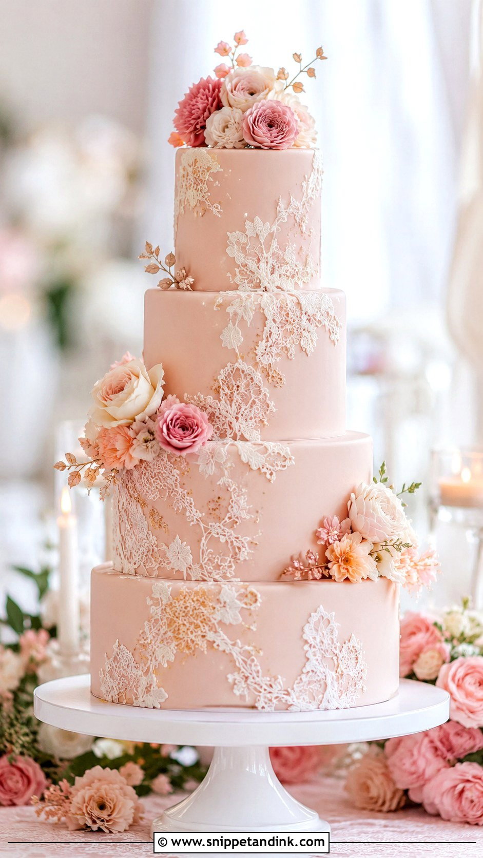 Blush Lace Wedding Cake With Flowers - Snippet and Ink - 25 Lace Wedding Cake Ideas with Flowers