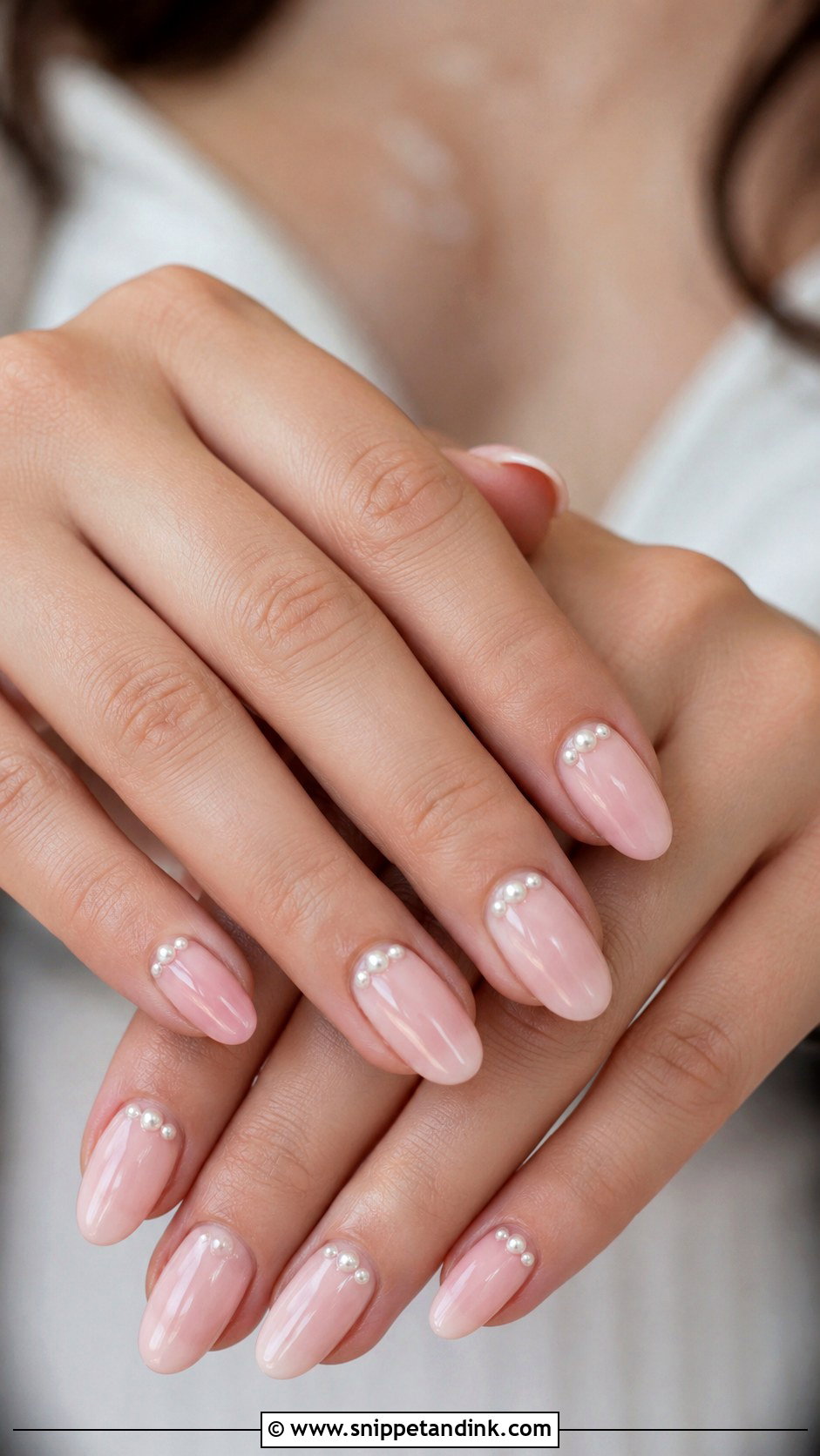 Blush Pink Acrylic Bridesmaid Nails With Pearl Accents - Snippet and Ink - 20 Acrylic Bridesmaid Wedding Nails