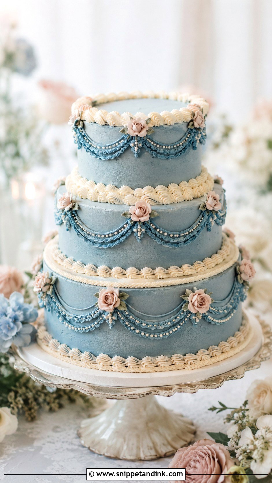 Blush Pink Buttercream Wedding Cake - Snippet and Ink - 25 Dusty Blue and Blush Pink Wedding Cake Ideas