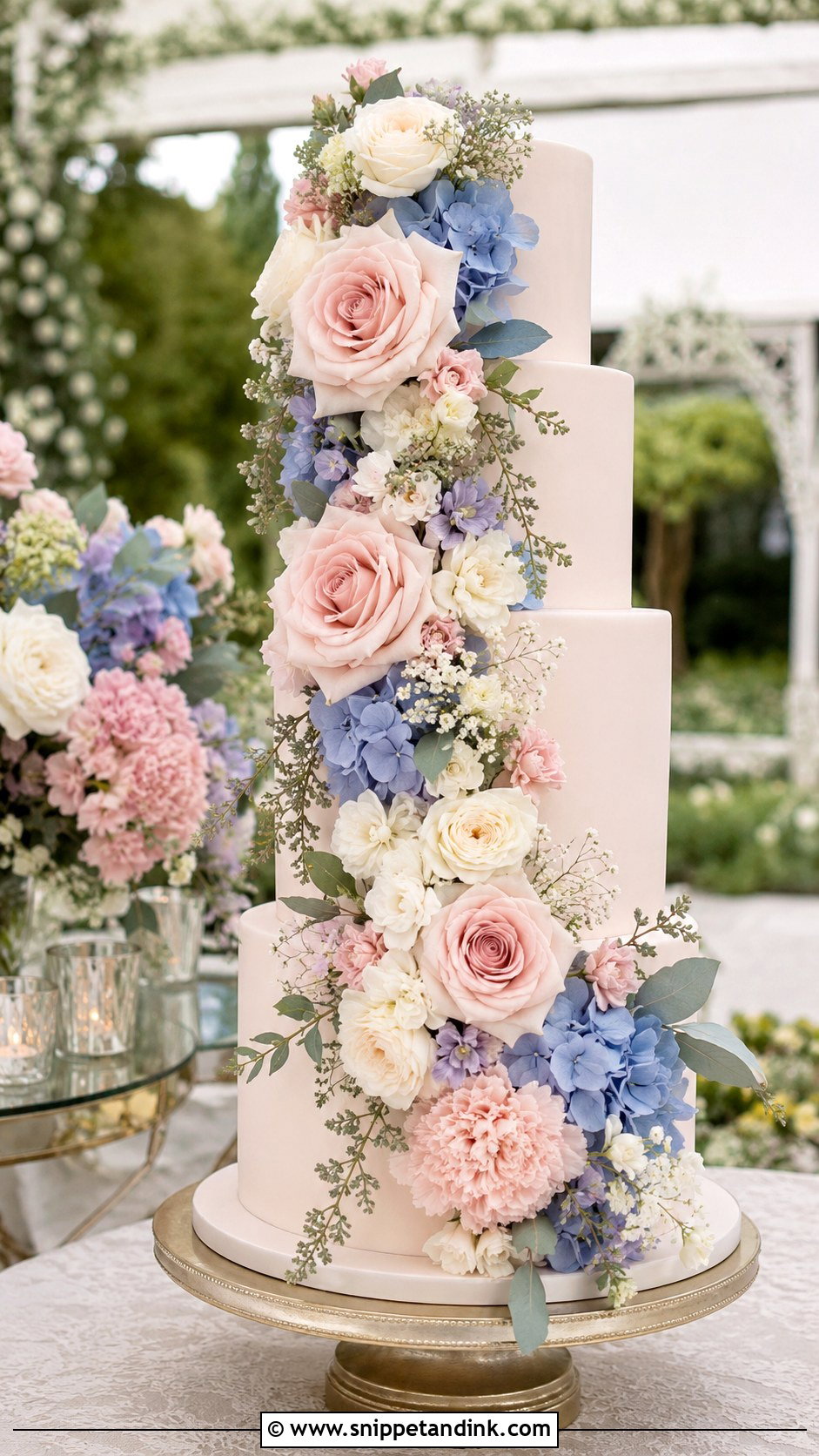 Blush Pink Floral Cascade Wedding Cake - Snippet and Ink - 25 Dusty Blue and Blush Pink Wedding Cake Ideas