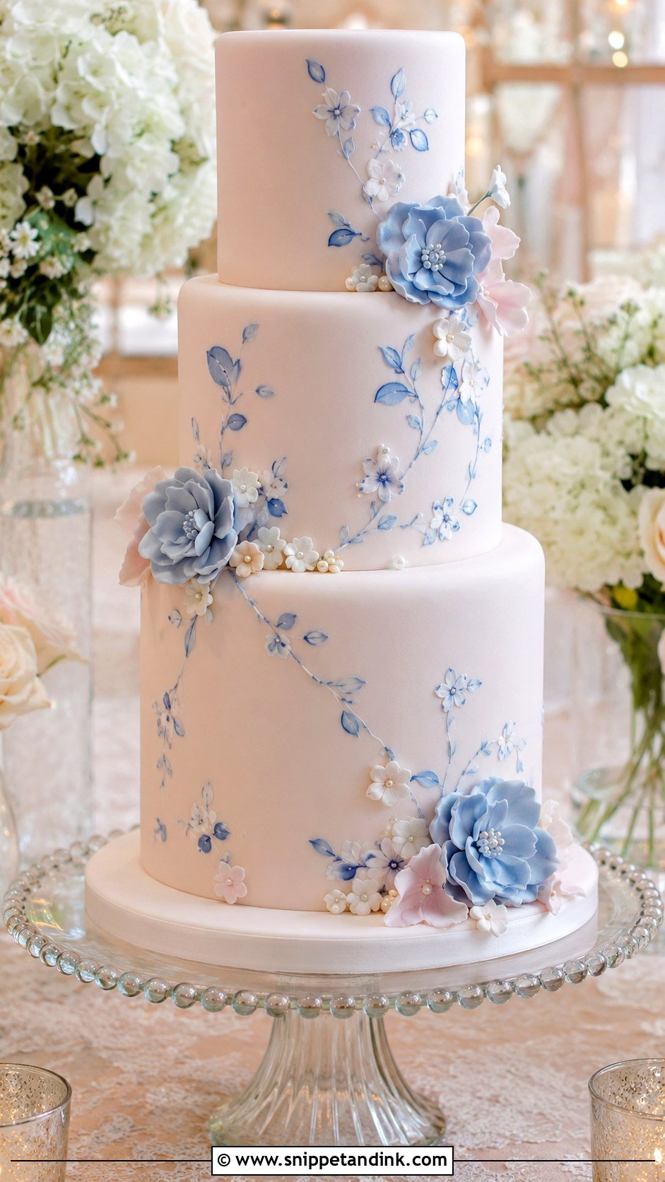 Blush Pink Fondant Wedding Cake - Snippet and Ink - 25 Dusty Blue and Blush Pink Wedding Cake Ideas