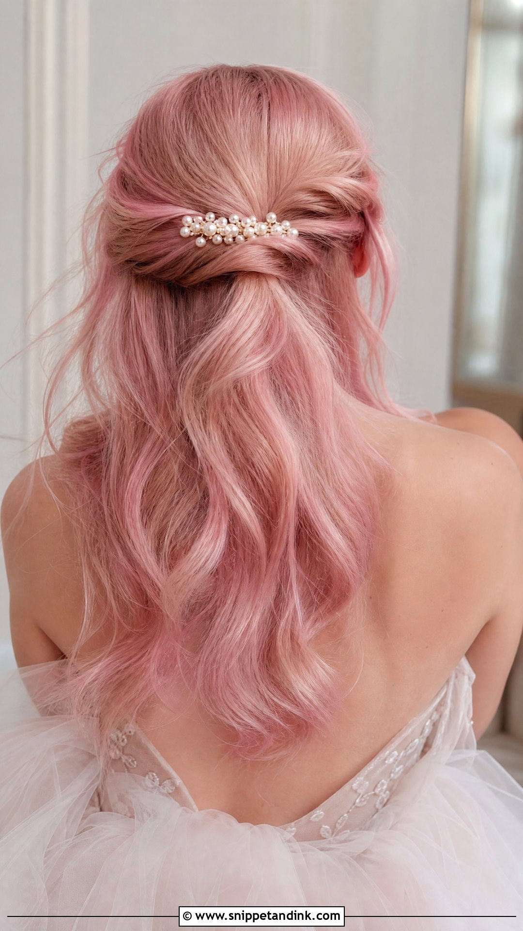Blush Pink Half Up Hair - Snippet and Ink - 20 Pink Hair Wedding Ideas