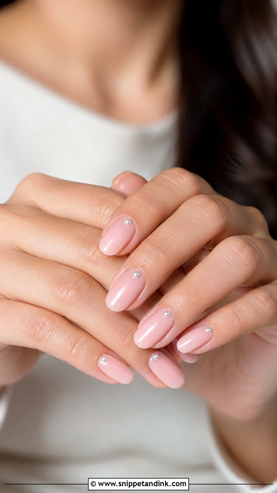Blush Pink Nails With Pearl Details - Snippet and Ink - 30 Wedding Guest Nails Ideas
