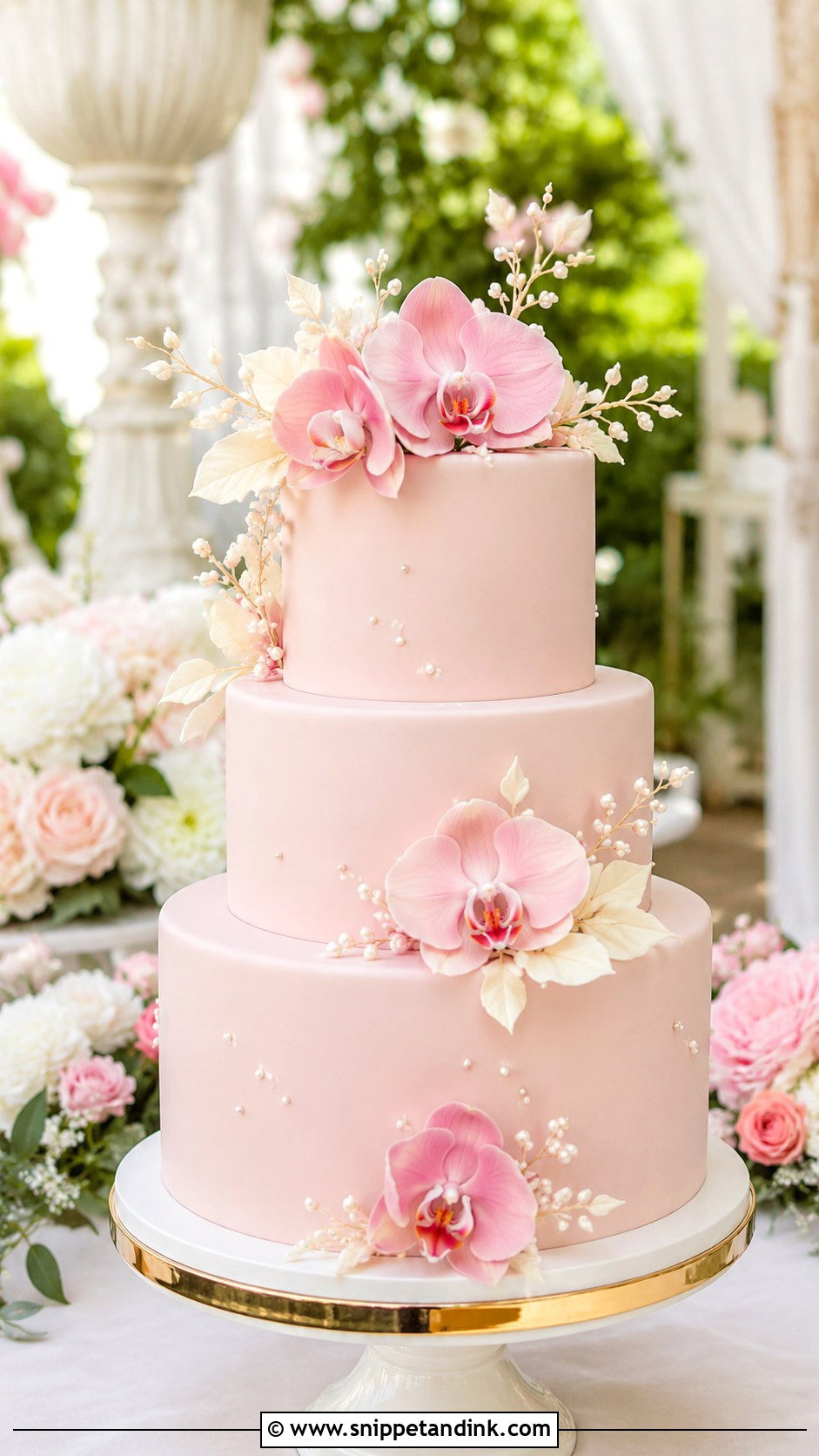 Blush Pink Orchid Wedding Cake - Snippet and Ink - 35 Pink Orchid Wedding Cake Ideas