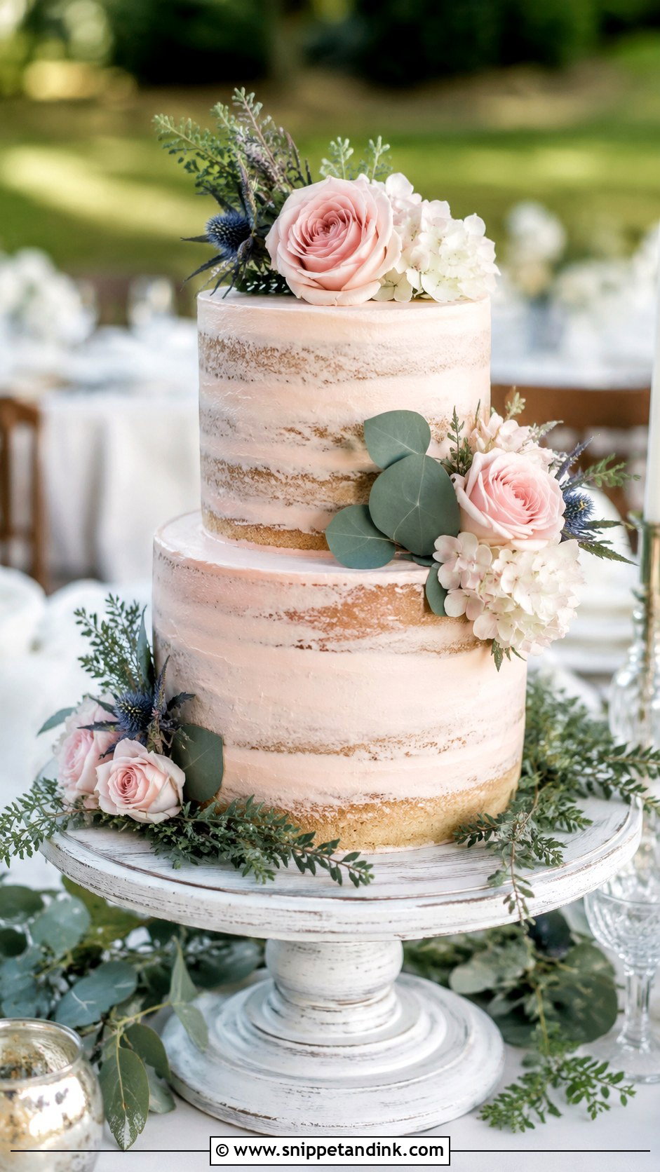 Blush Pink Semi Naked Wedding Cake - Snippet and Ink - 25 Dusty Blue and Blush Pink Wedding Cake Ideas