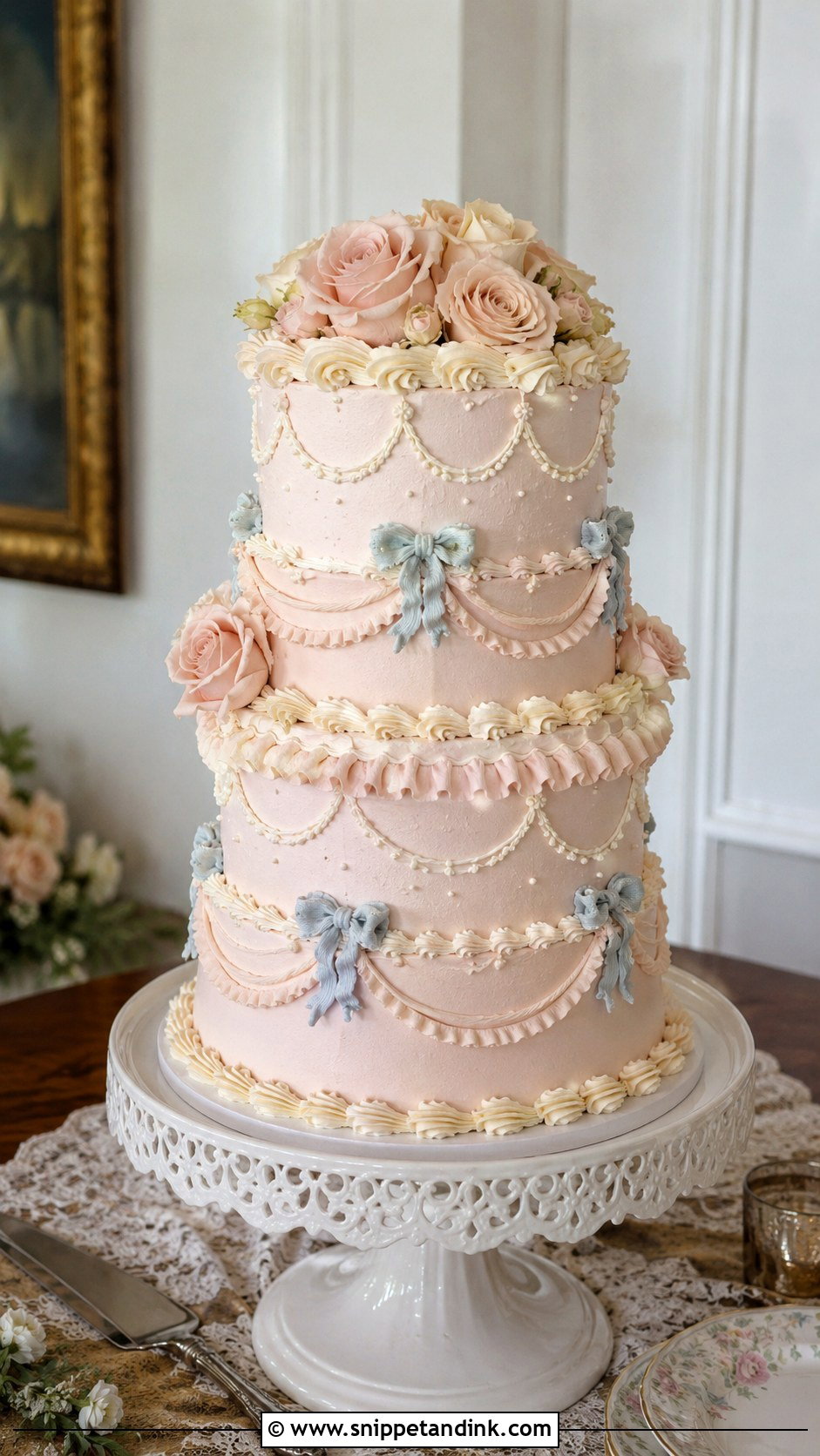 Blush Pink Vintage Wedding Cake - Snippet and Ink - 25 Dusty Blue and Blush Pink Wedding Cake Ideas