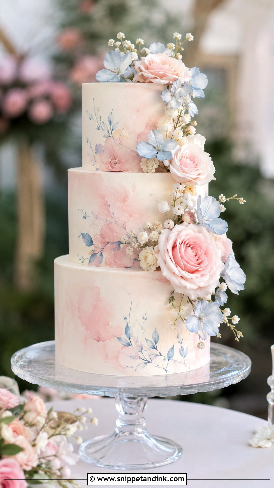 Blush Pink Watercolor Wedding Cake - Snippet and Ink - 25 Dusty Blue and Blush Pink Wedding Cake Ideas