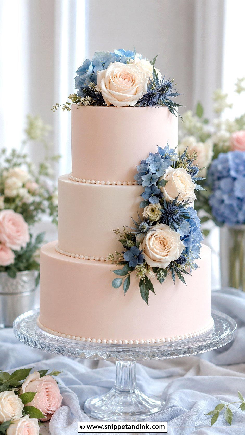 Blush Pink Wedding Cake With Dusty Blue Flowers - Snippet and Ink - 25 Dusty Blue and Blush Pink Wedding Cake Ideas