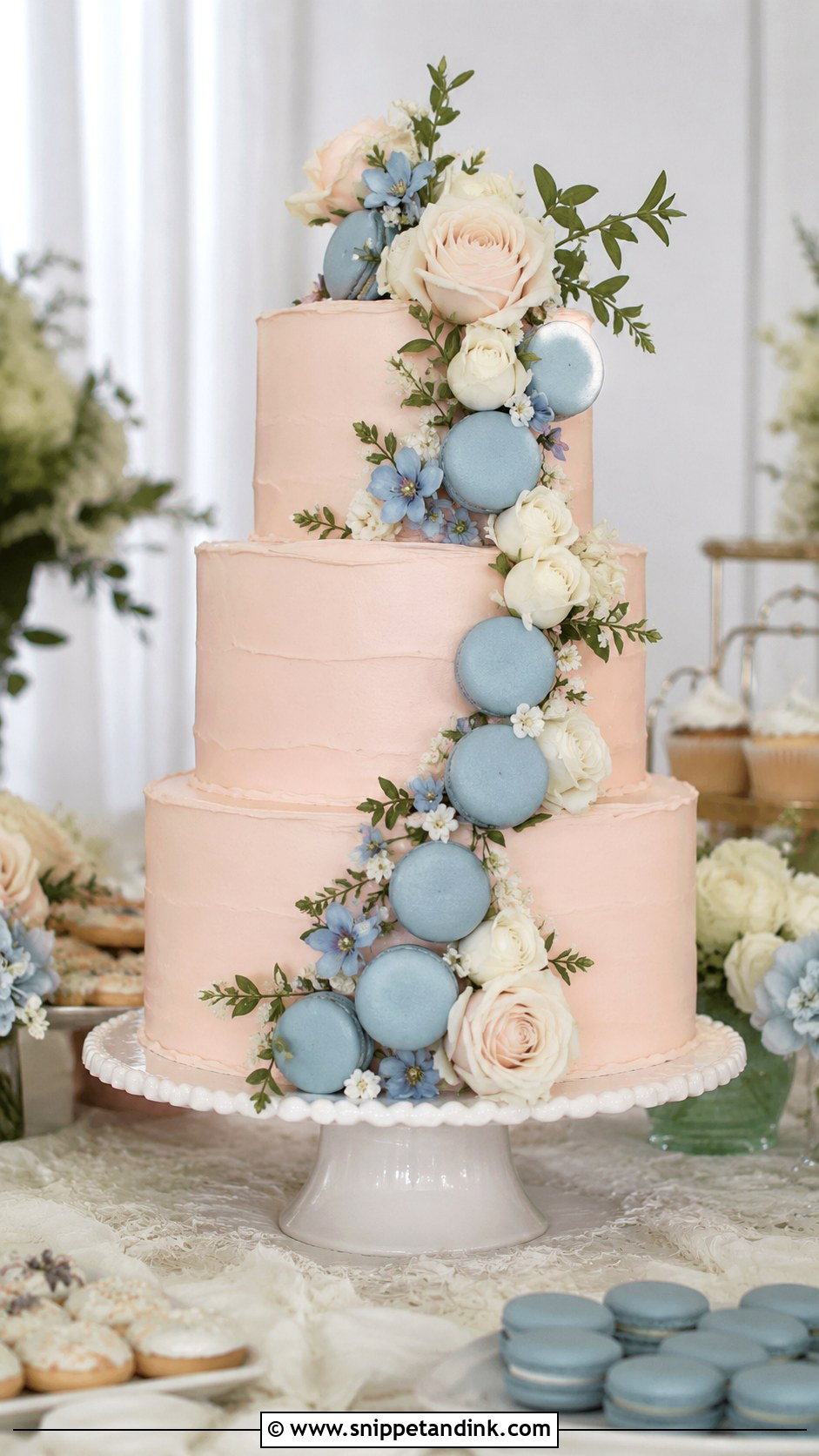 Blush Pink Wedding Cake With Dusty Blue Macarons - Snippet and Ink - 25 Dusty Blue and Blush Pink Wedding Cake Ideas