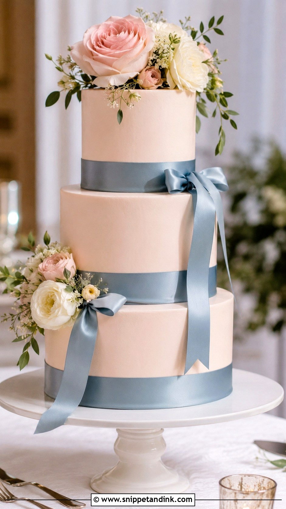 Blush Pink Wedding Cake With Dusty Blue Ribbon - Snippet and Ink - 25 Dusty Blue and Blush Pink Wedding Cake Ideas