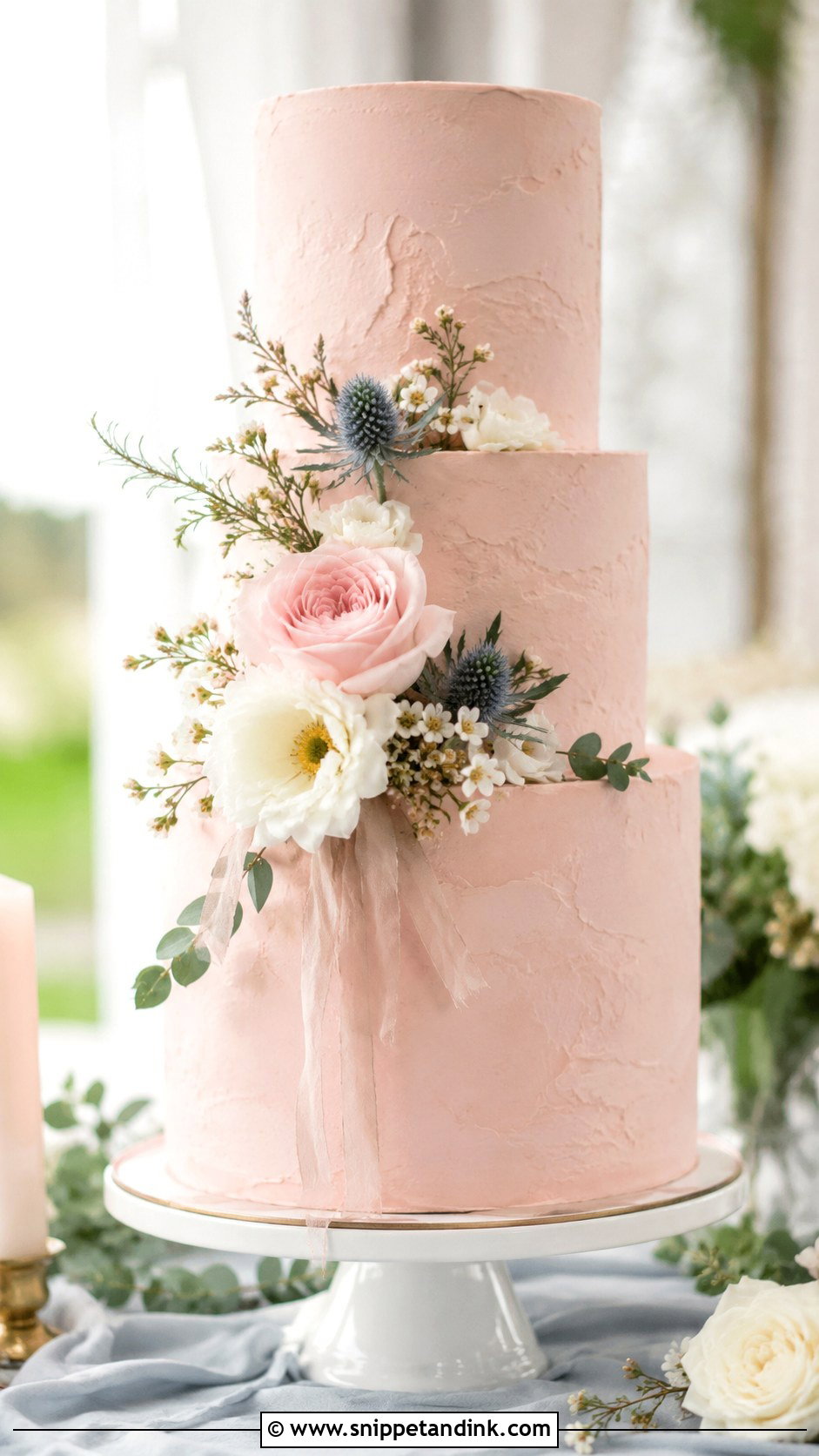 Blush Pink Wedding Cake With Pearl Details - Snippet and Ink - 25 Dusty Blue and Blush Pink Wedding Cake Ideas