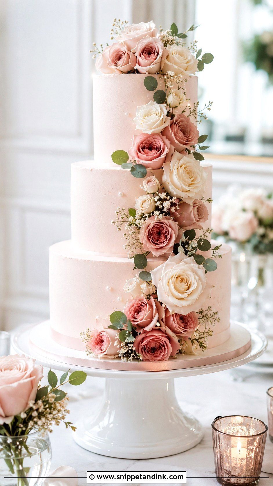Blush Pink Wedding Cake With Roses - Snippet and Ink - 20 Elegant Pink Wedding Cake Ideas