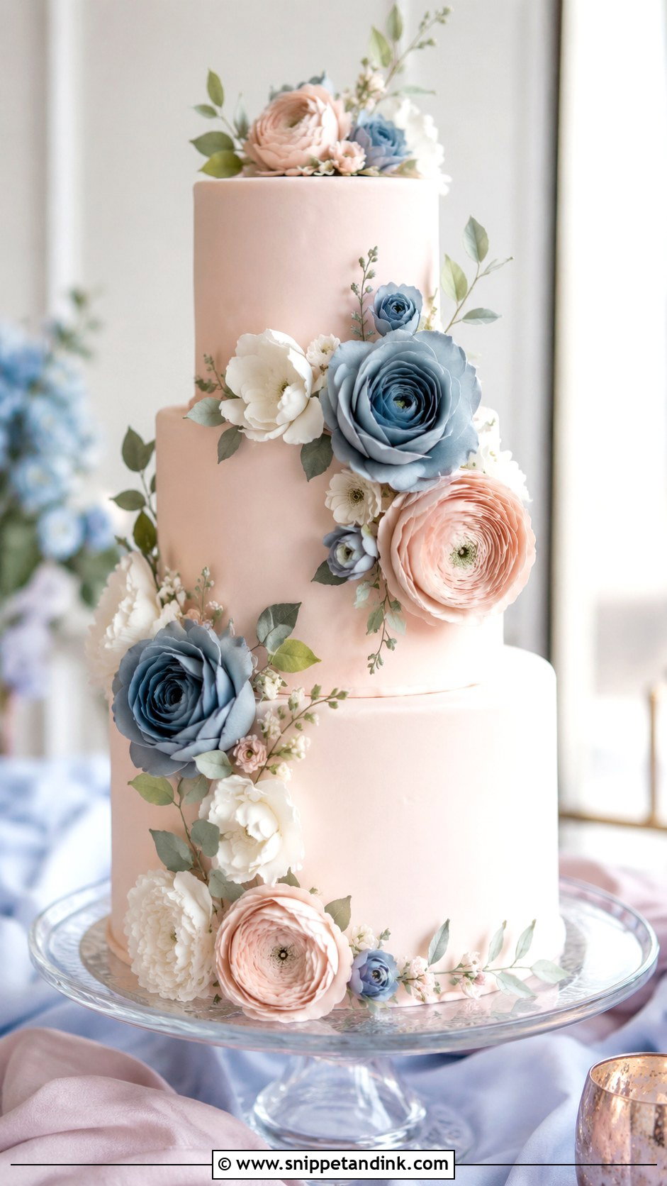 Blush Pink Wedding Cake With Sugar Flowers - Snippet and Ink - 25 Dusty Blue and Blush Pink Wedding Cake Ideas