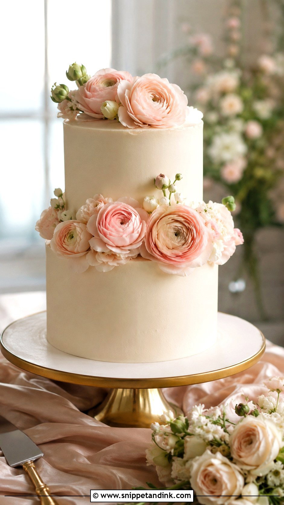 Blush Ranunculus Wedding Cake - Snippet and Ink - 25 Wedding Cake Ideas with Ranunculus