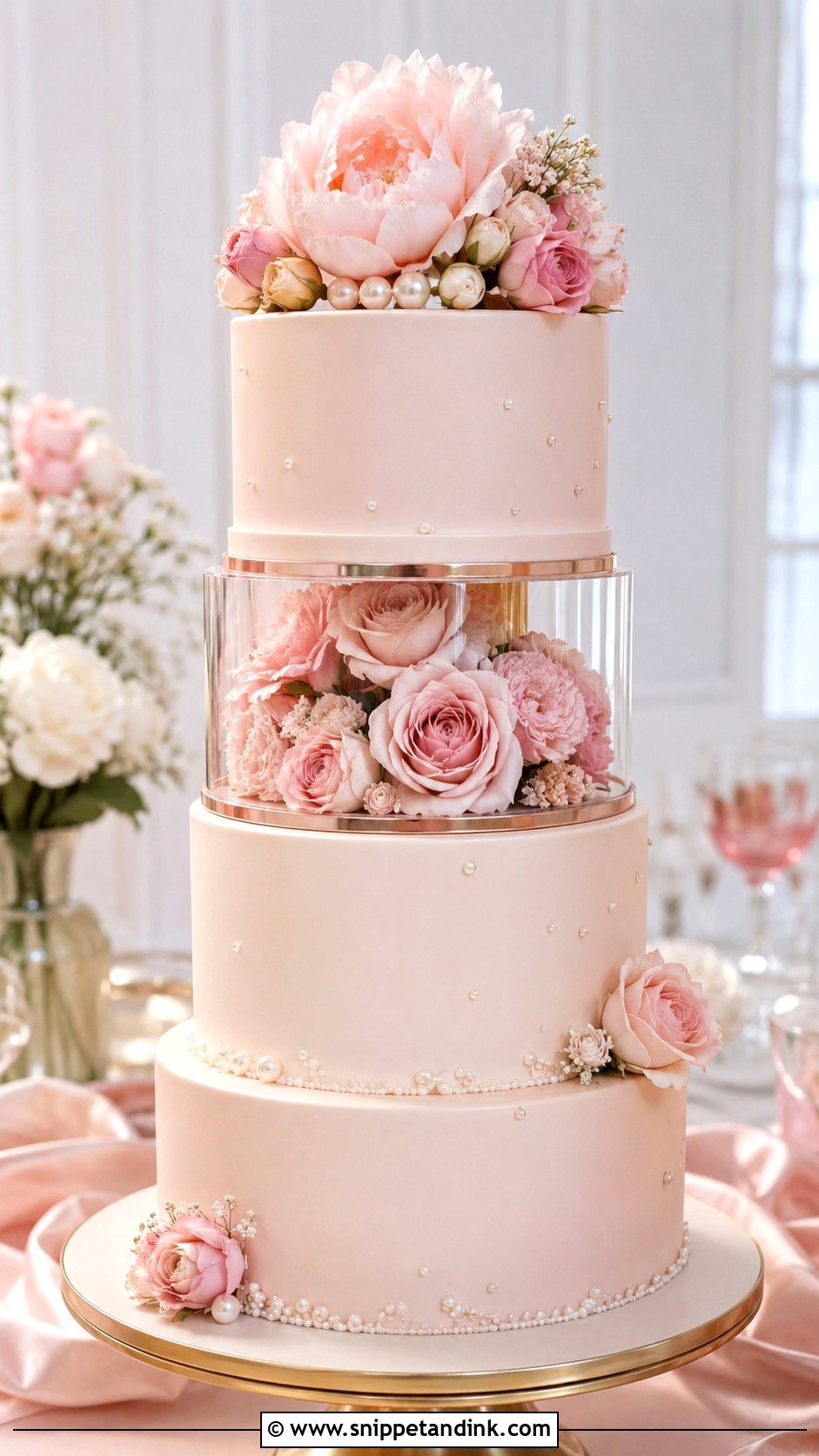 Blush Wedding Cake With Acrylic Separator - Snippet and Ink - 20 Wedding Cake Acrylic Separator Ideas