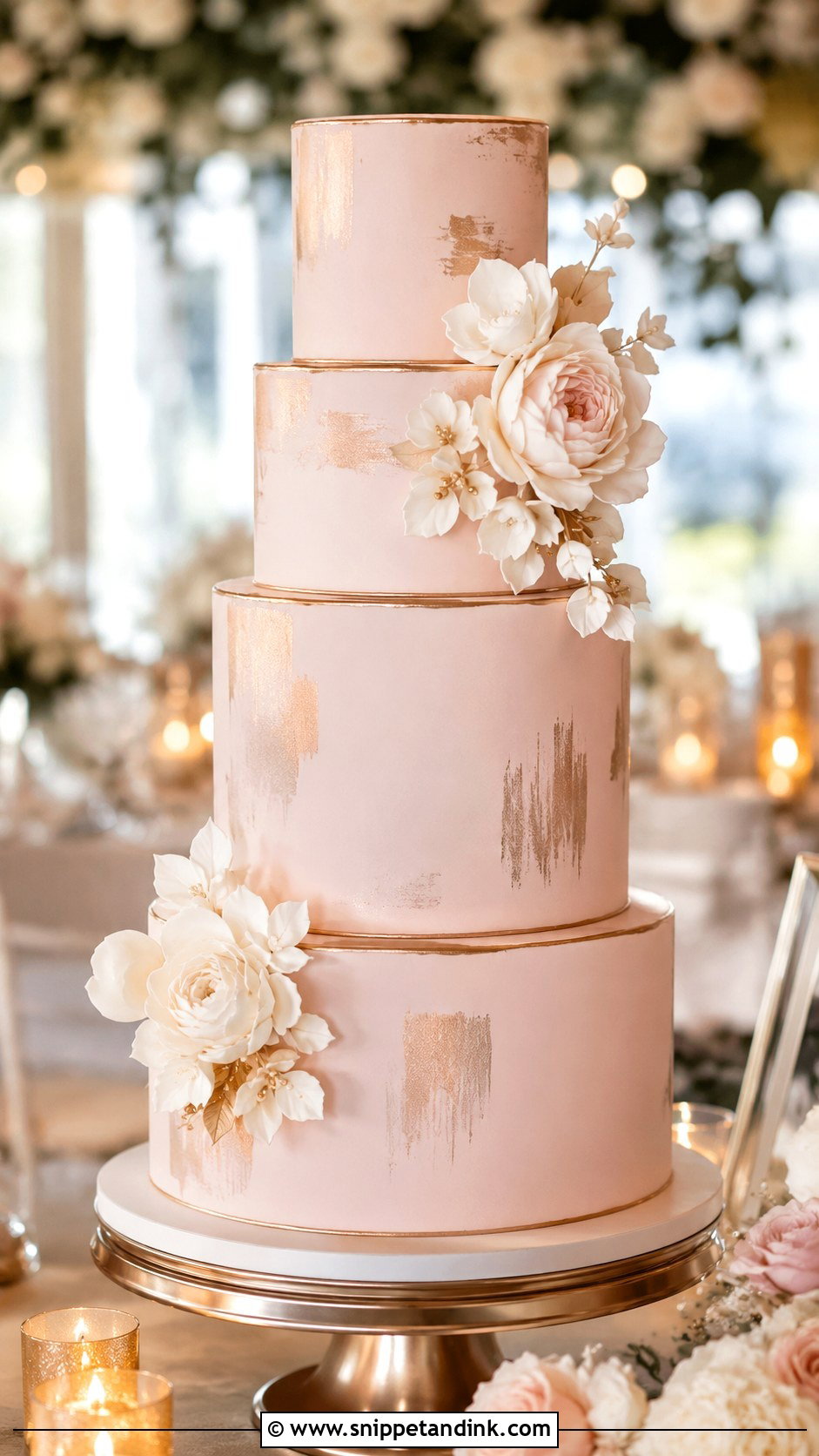 Blush Wedding Cake With Champagne Accents - Snippet and Ink - 20 Elegant Blush Wedding Cake Ideas