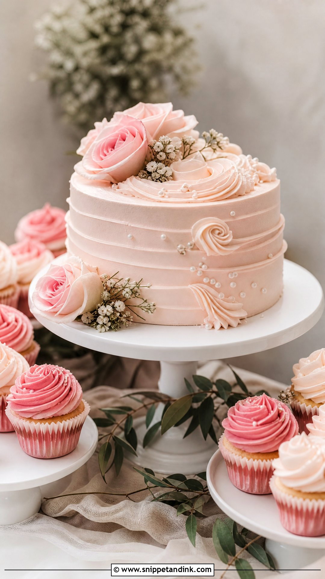 Blush Wedding Cake With Cupcakes - Snippet and Ink - 20 Wedding Cake with Cupcakes