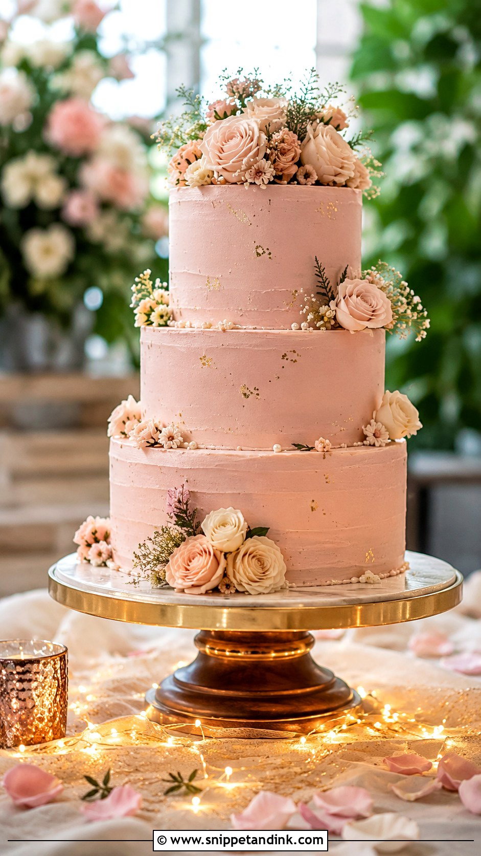 Blush Wedding Cake With Fairy Lights - Snippet and Ink - 20 Wedding Cake Ideas with Fairy Lights