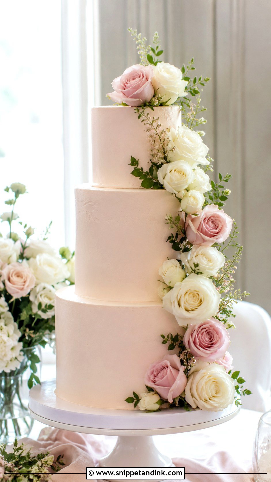 Blush Wedding Cake With Fresh Roses - Snippet and Ink - 20 Elegant Blush Wedding Cake Ideas
