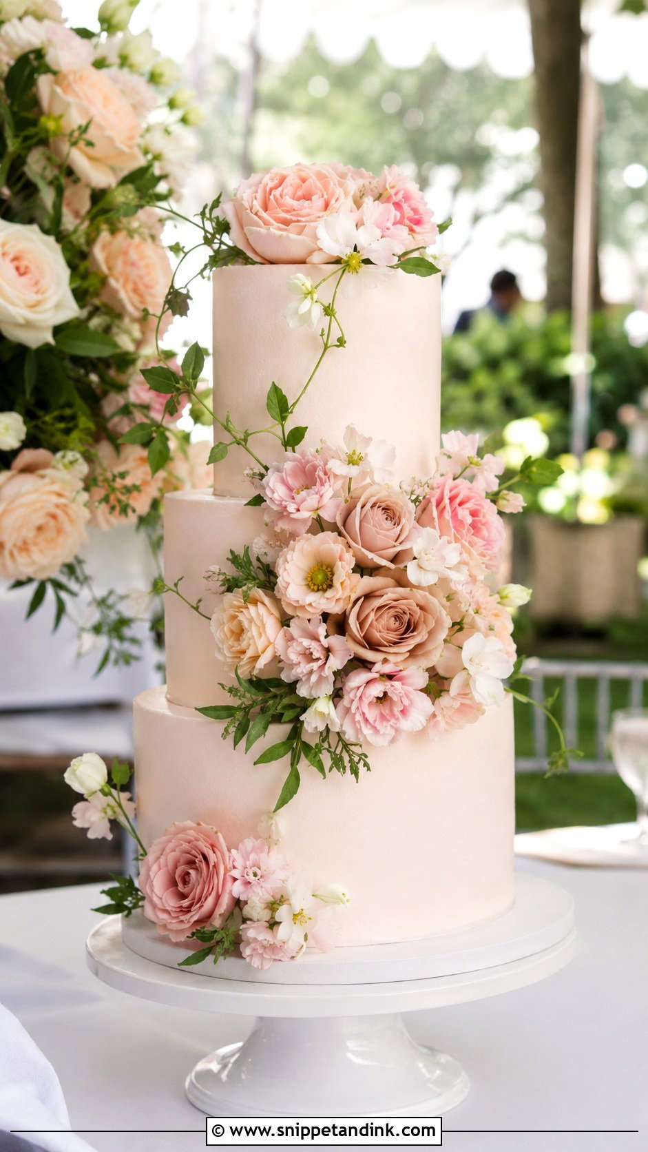 Blush Wedding Cake With Garden Flowers - Snippet and Ink - 20 Elegant Blush Wedding Cake Ideas
