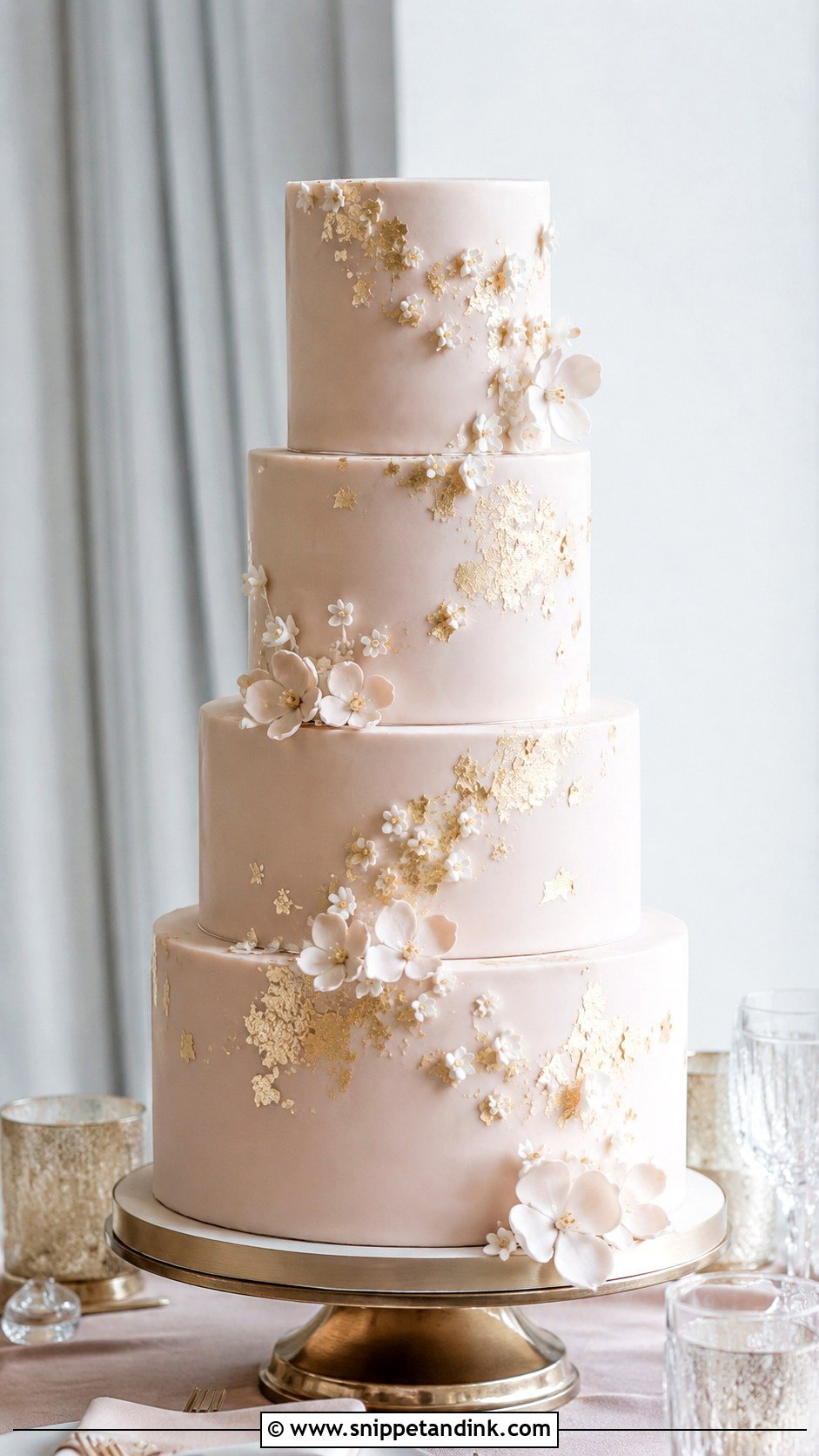 Blush Wedding Cake With Gold Leaf - Snippet and Ink - 20 Elegant Blush Wedding Cake Ideas