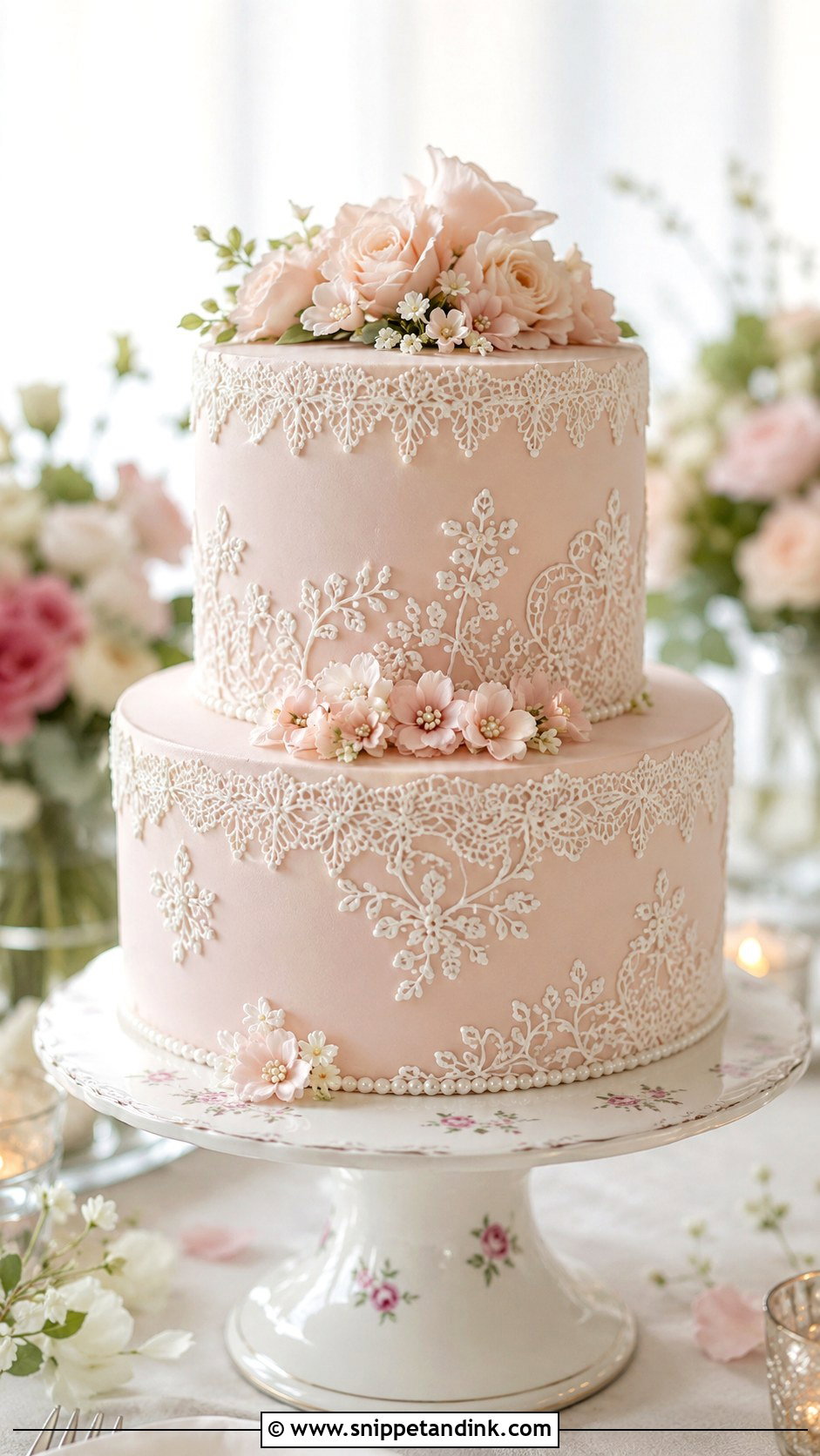 Blush Wedding Cake With Lace Piping - Snippet and Ink - 20 Elegant Blush Wedding Cake Ideas