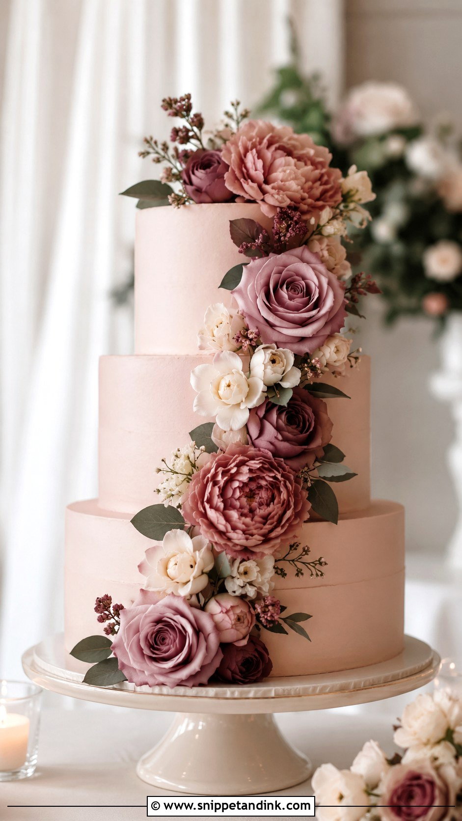 Blush Wedding Cake With Mauve Flowers - Snippet and Ink - 20 Elegant Blush Wedding Cake Ideas