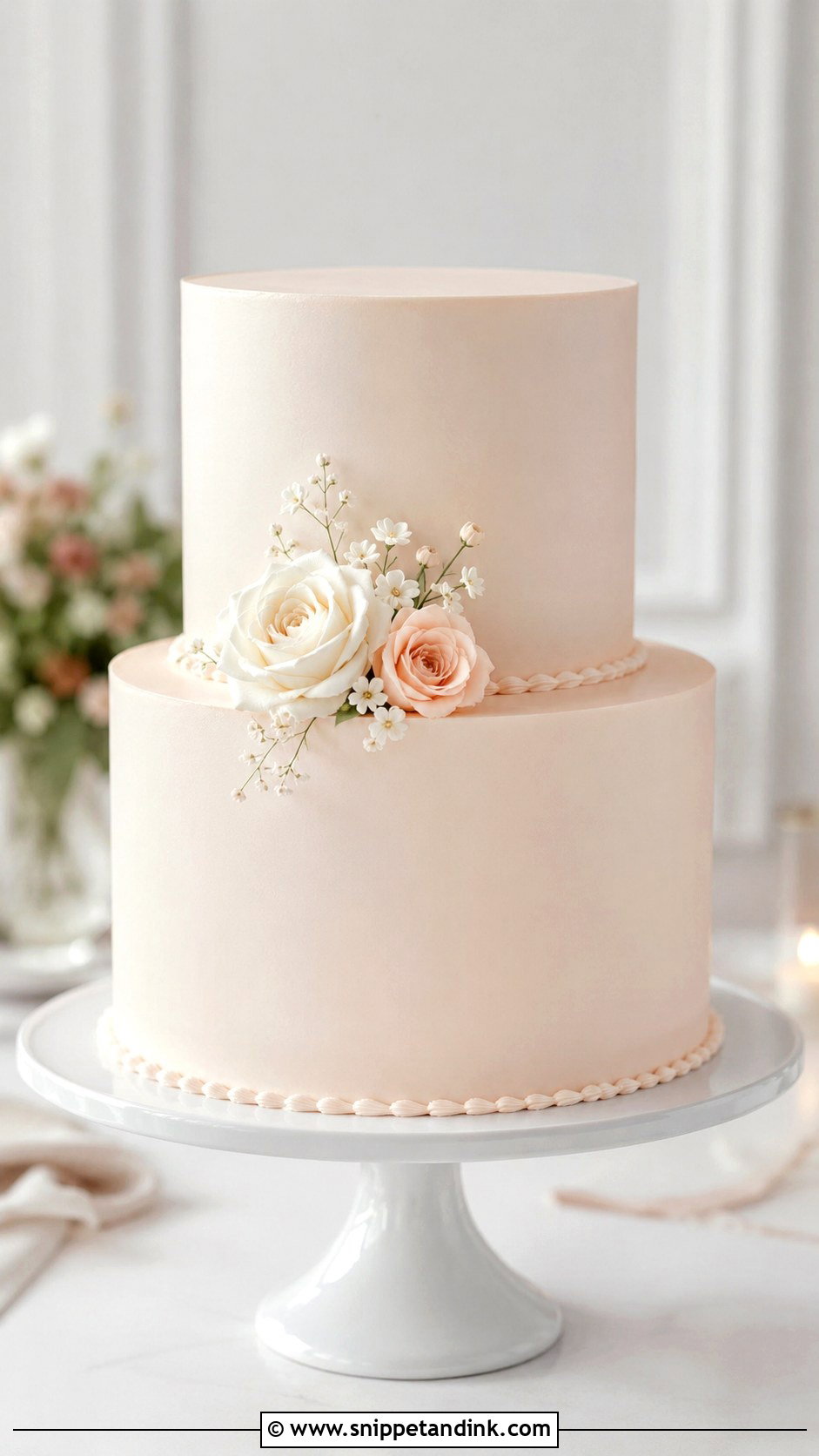 Blush Wedding Cake With Minimal Flowers - Snippet and Ink - 20 Elegant Blush Wedding Cake Ideas