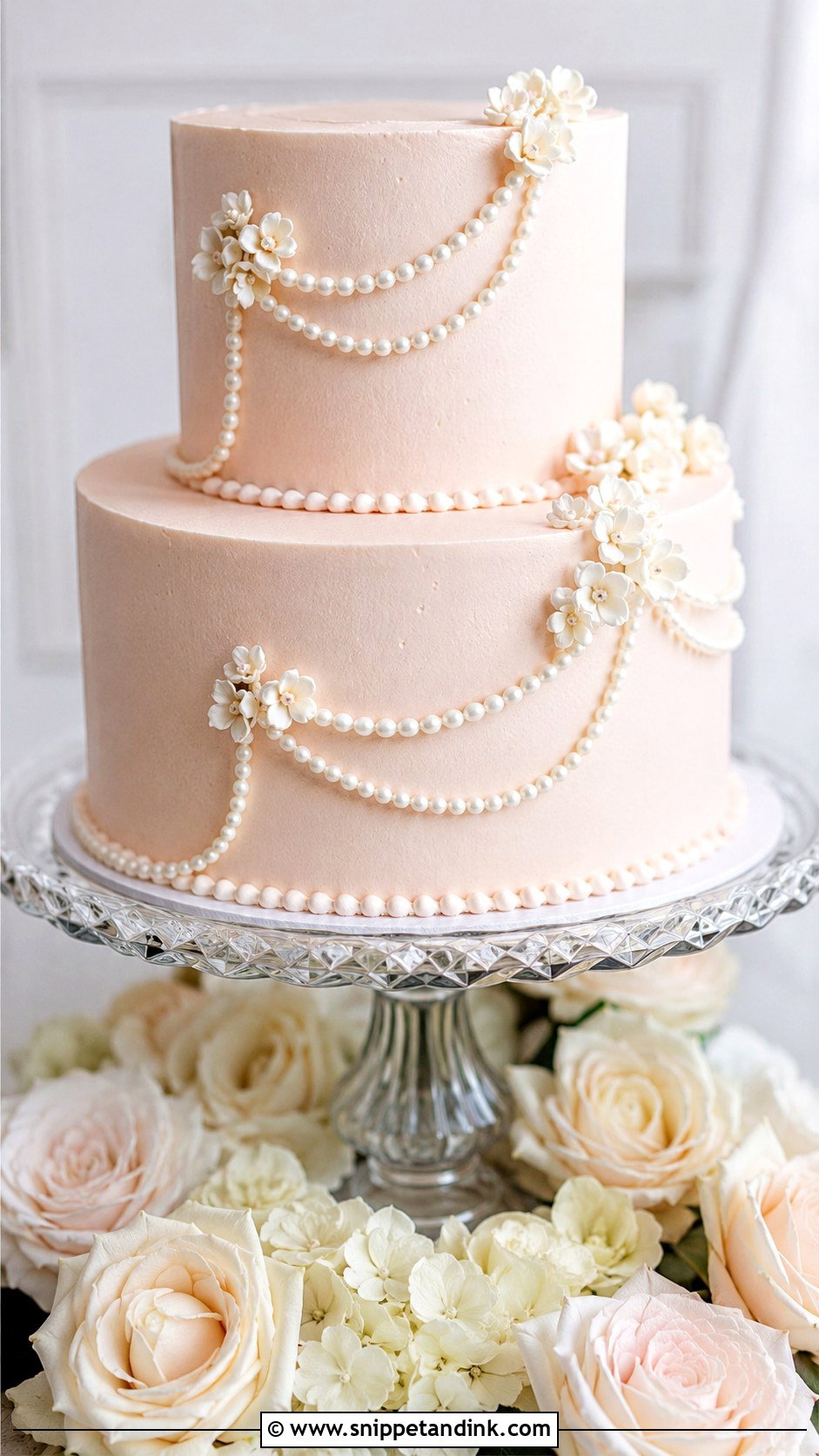 Blush Wedding Cake With Pearls - Snippet and Ink - 20 Elegant Blush Wedding Cake Ideas