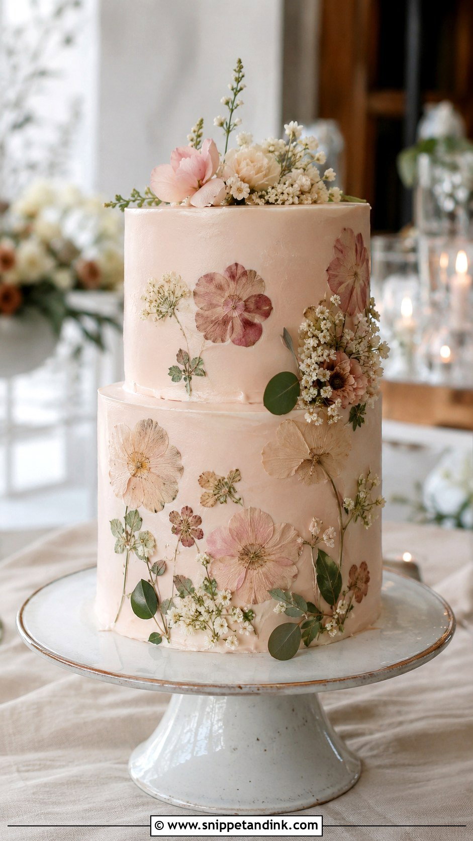 Blush Wedding Cake With Pressed Flowers - Snippet and Ink - 20 Elegant Blush Wedding Cake Ideas
