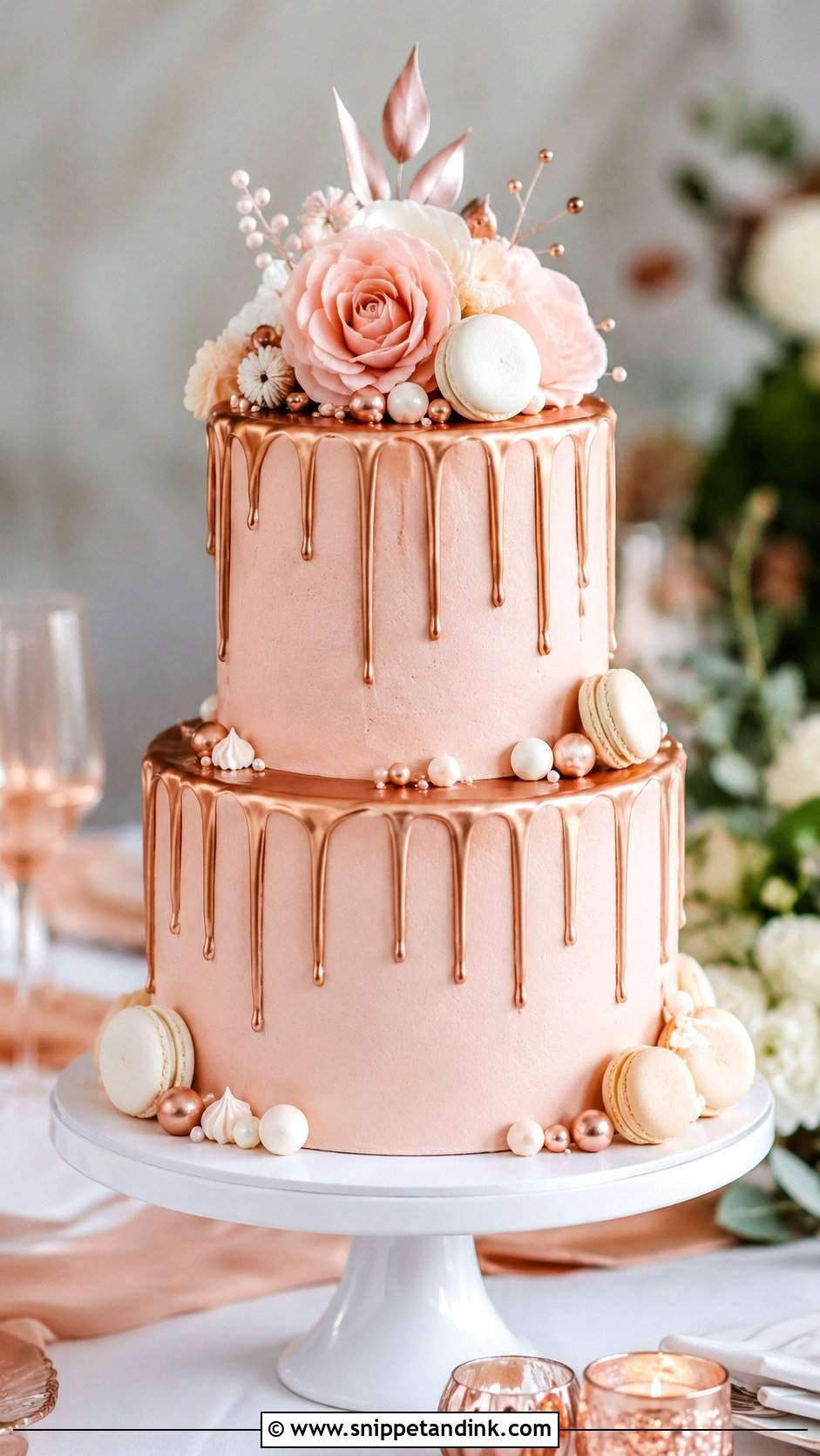 Blush Wedding Cake With Rose Gold Drip - Snippet and Ink - 20 Elegant Blush Wedding Cake Ideas