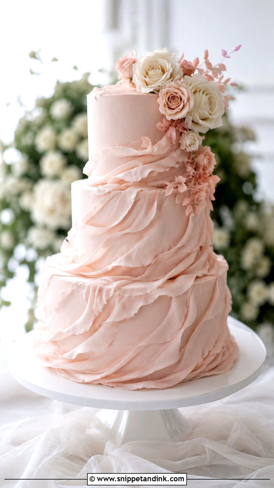 Blush Wedding Cake With Ruffles - Snippet and Ink - 20 Elegant Blush Wedding Cake Ideas